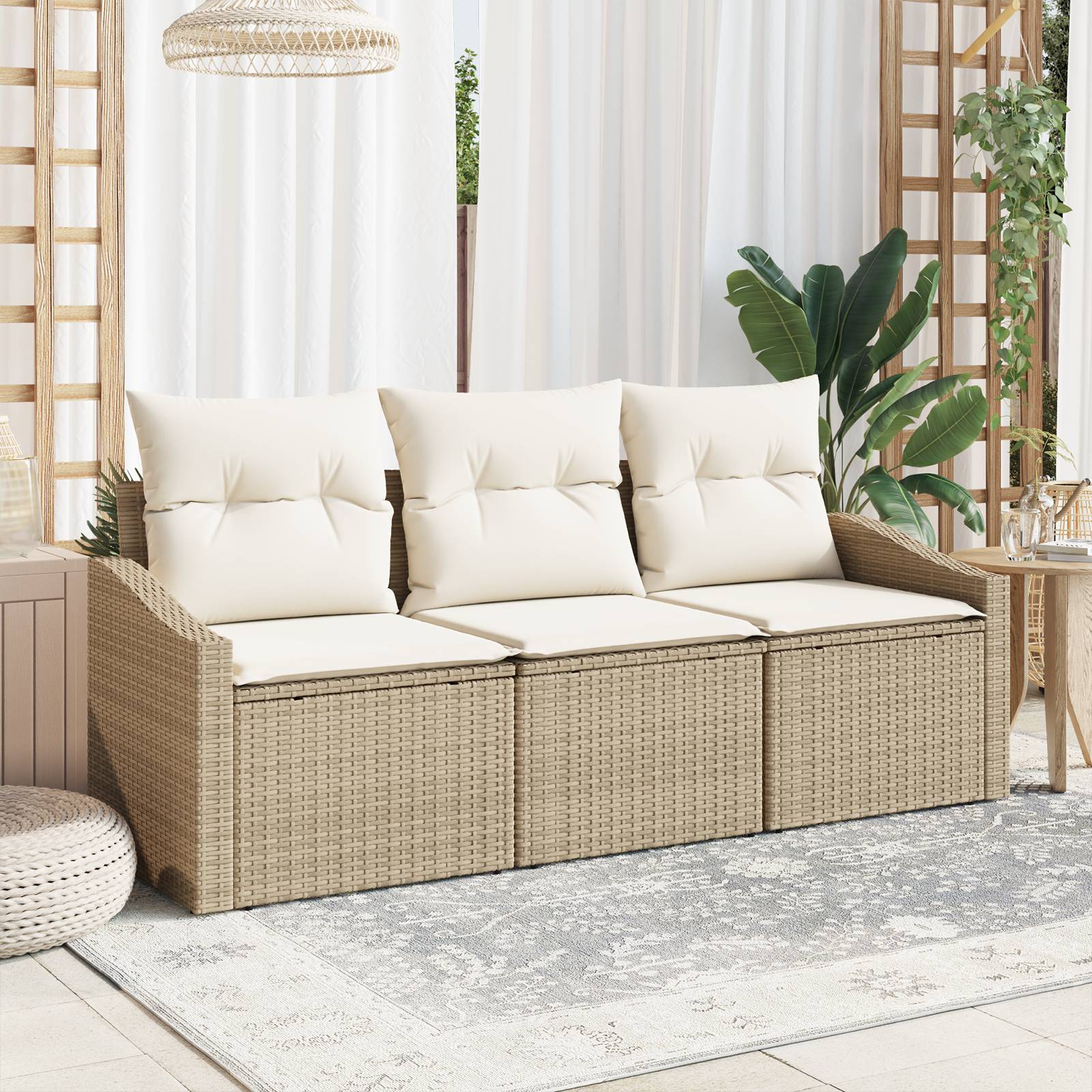 vidaXL 3-tlg. Garten-Essgruppe mit Kissen Beige Poly Rattan