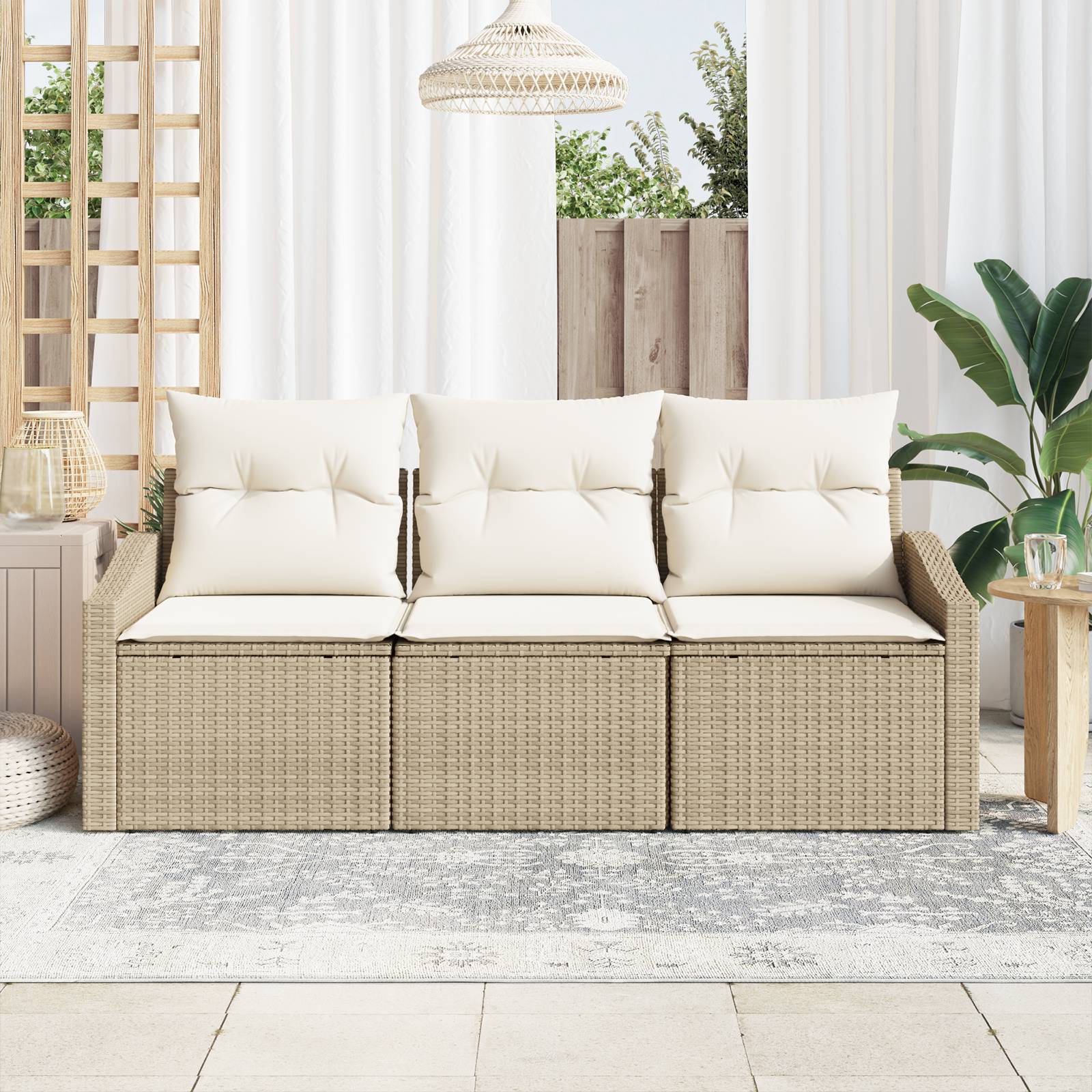 vidaXL 3-tlg. Garten-Essgruppe mit Kissen Beige Poly Rattan
