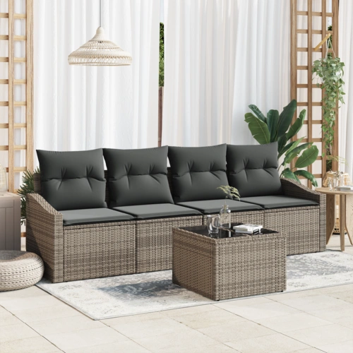 vidaXL 5-teiliges Garten Sofa Set mit Kissen Grau Poly Rattan vidaXL 5-teiliges Garten Sofa Set mit Kissen Grau Poly Rattan