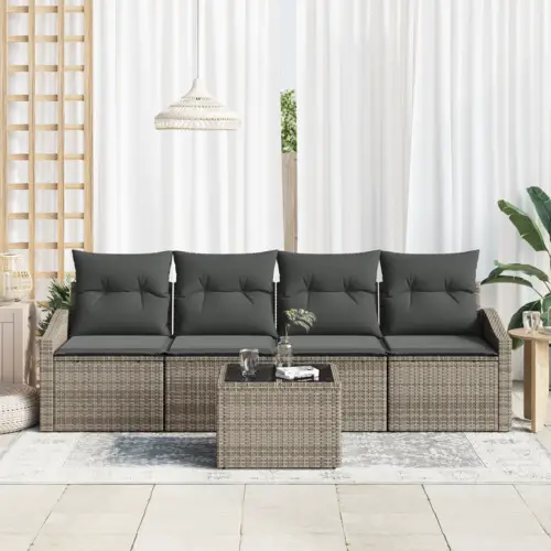vidaXL 5-teiliges Garten Sofa Set mit Kissen Grau Poly Rattan vidaXL 5-teiliges Garten Sofa Set mit Kissen Grau Poly Rattan
