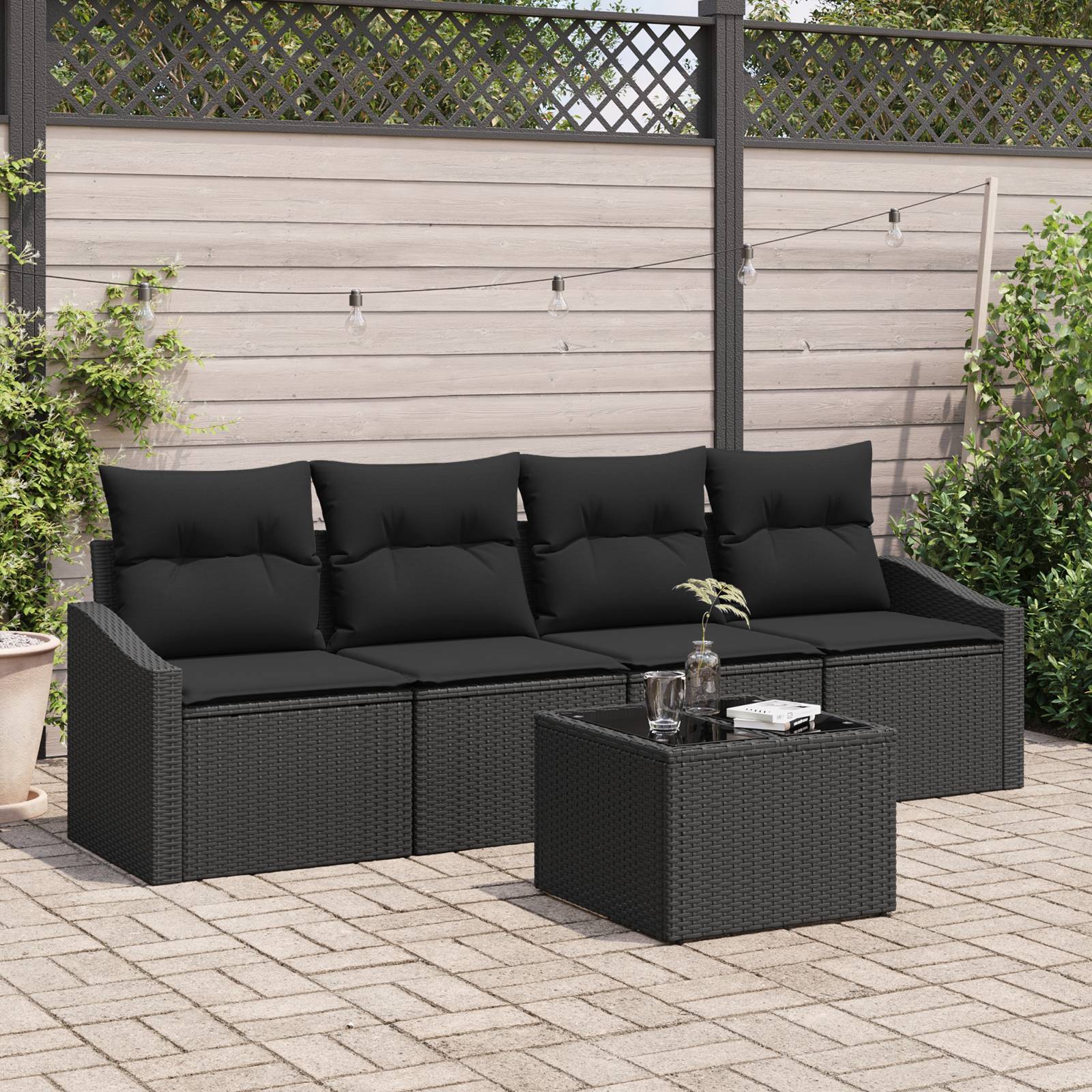 vidaXL 5-teiliges Garten-Esstisch-Set mit Kissen Schwarz Poly Rattan