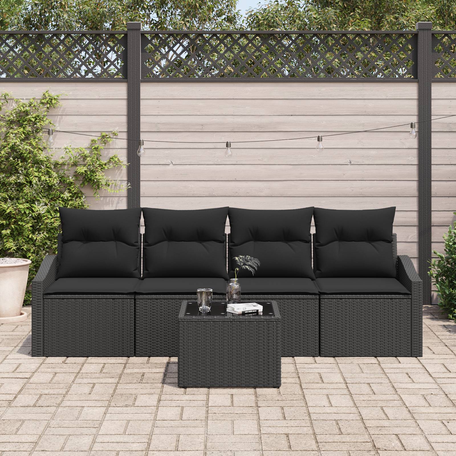vidaXL 5-teiliges Garten-Esstisch-Set mit Kissen Schwarz Poly Rattan