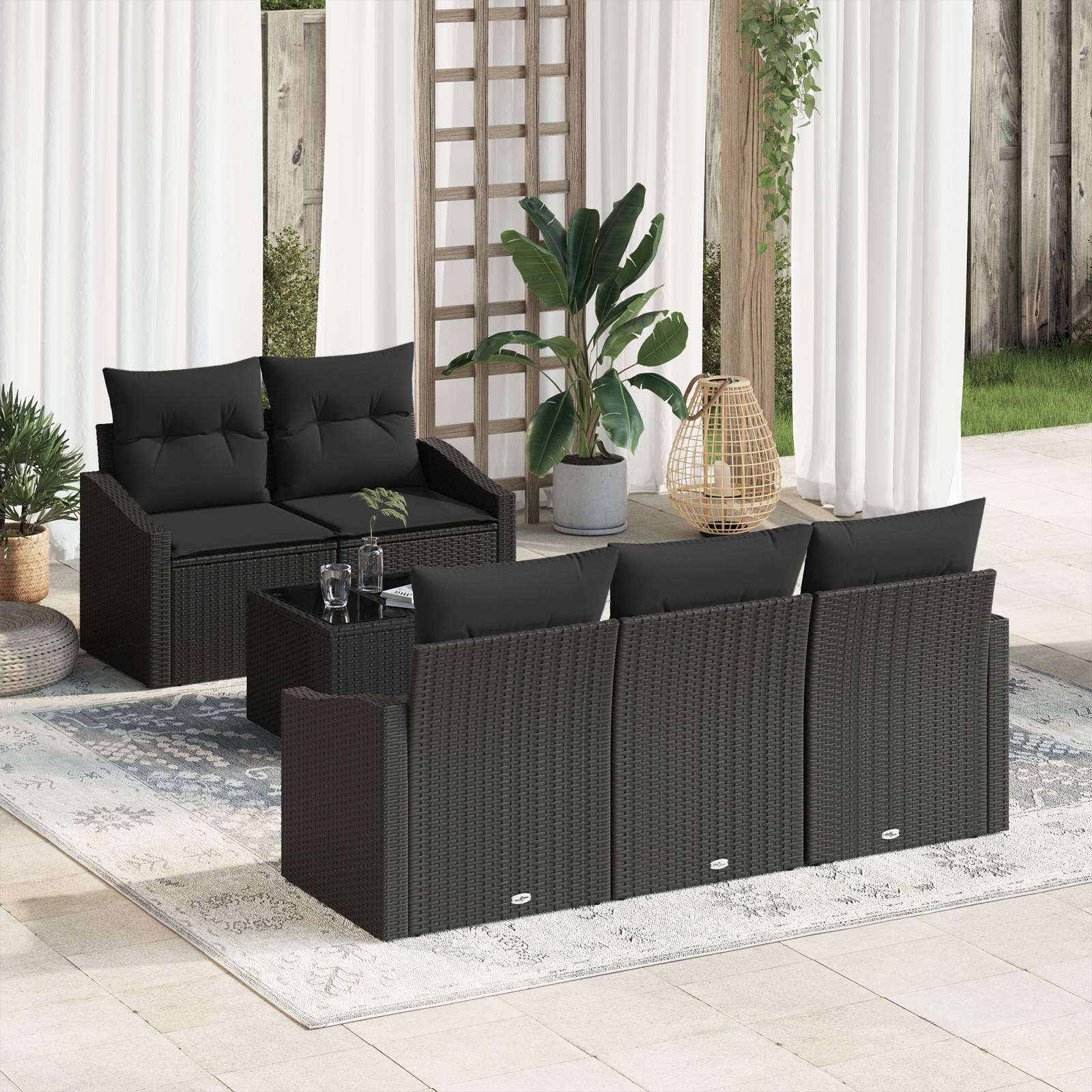 vidaXL 6-teiliges Garten-Sofa-Set mit Kissen schwarzes Poly-Rattan
