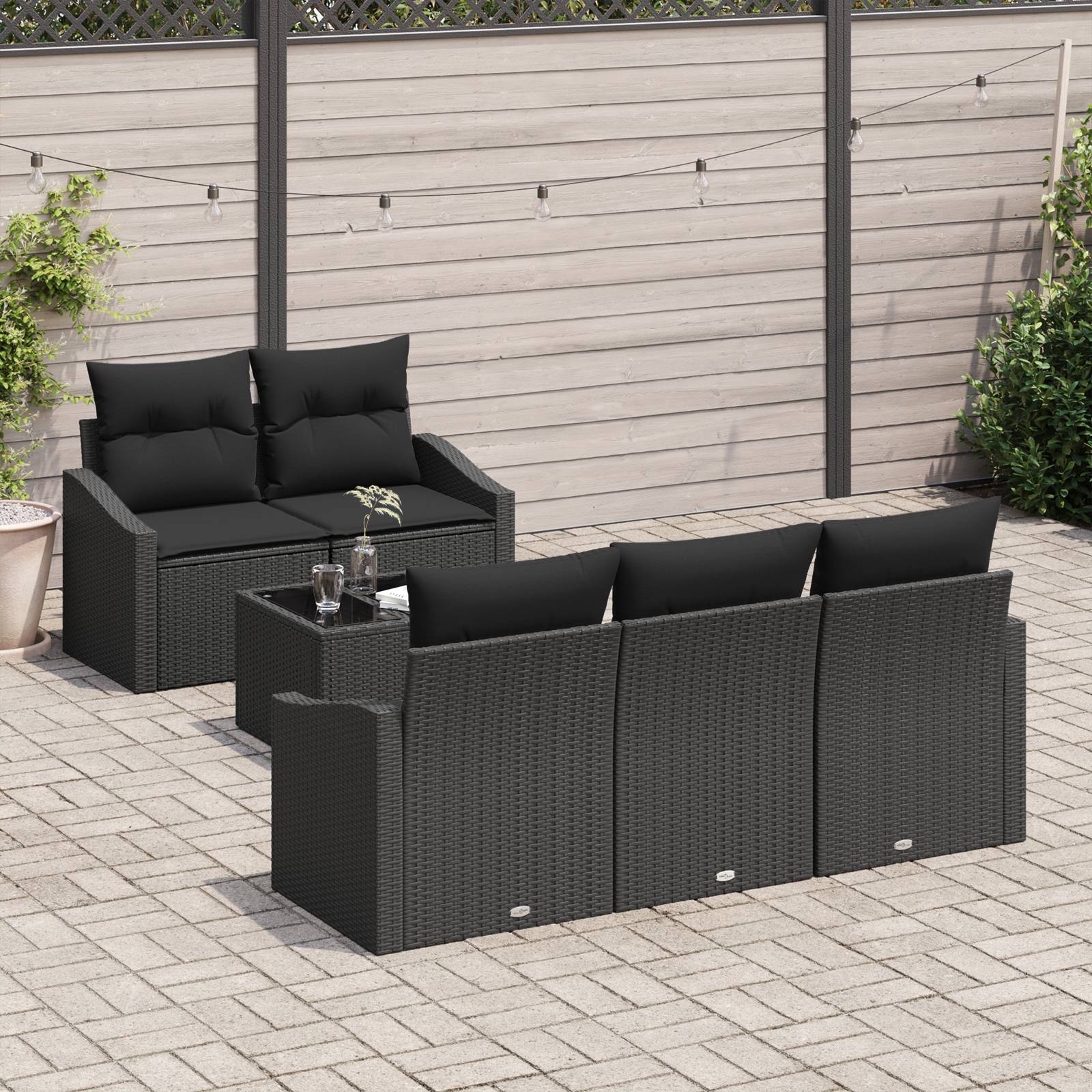 vidaXL 6-teiliges Garten-Sofa-Set mit Kissen schwarzes Poly-Rattan
