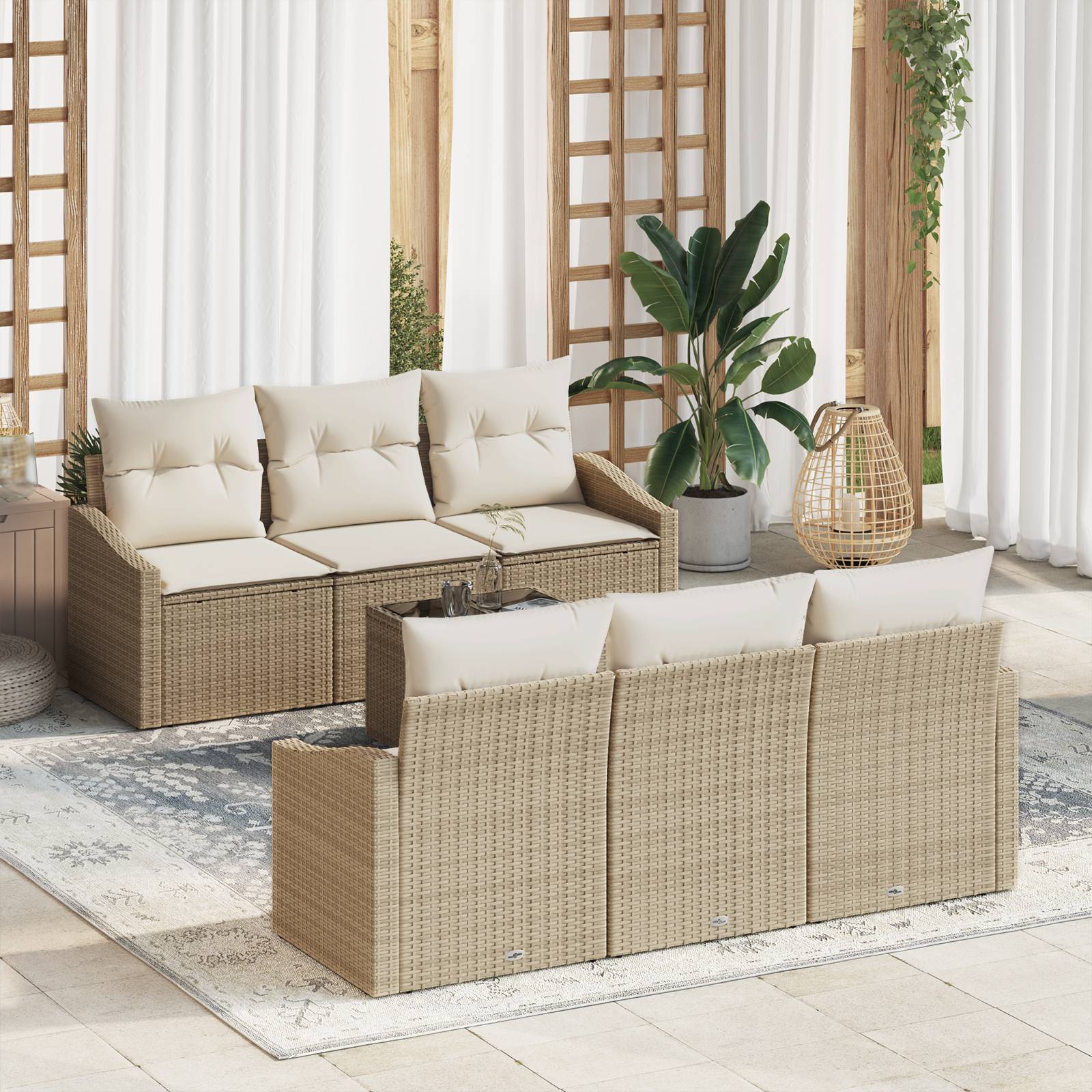 vidaXL 7-teiliges Garten Sofaset mit Kissen Beige Poly Rattan