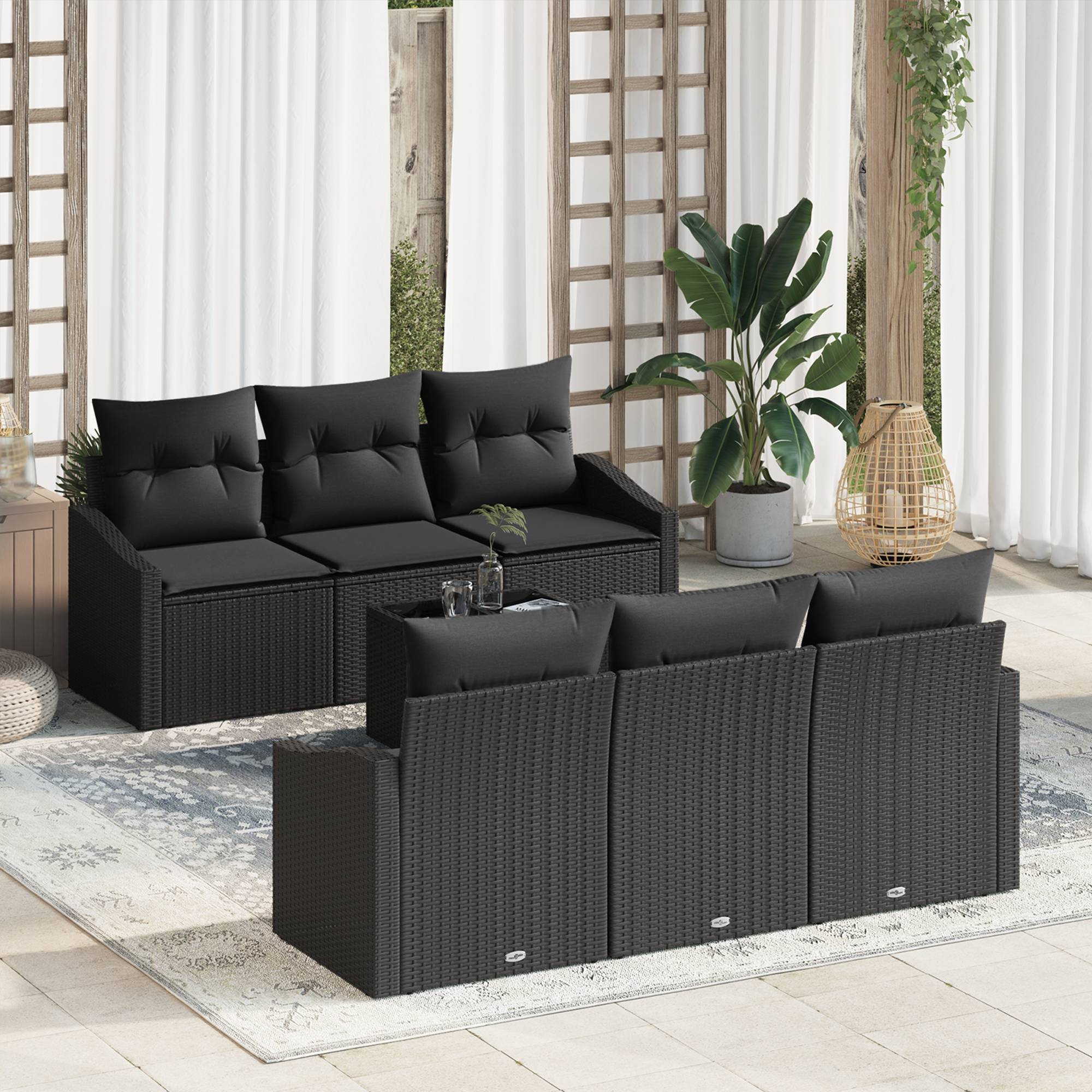 vidaXL 7-teiliges Garten Sofa Set mit Kissen Schwarz Rattan