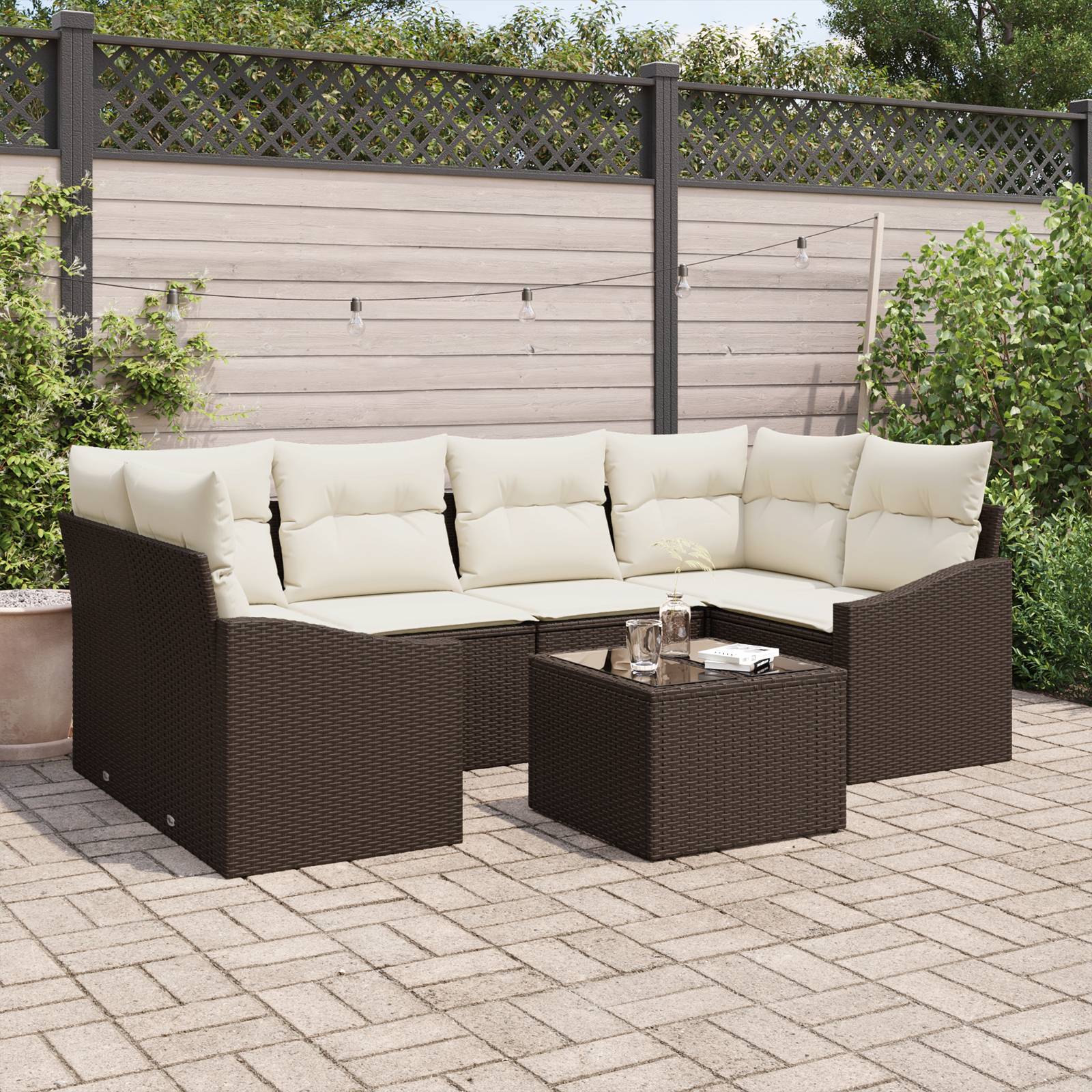 vidaXL 7-tlg. Garten-Sofagarnitur mit Kissen Braun Poly Rattan