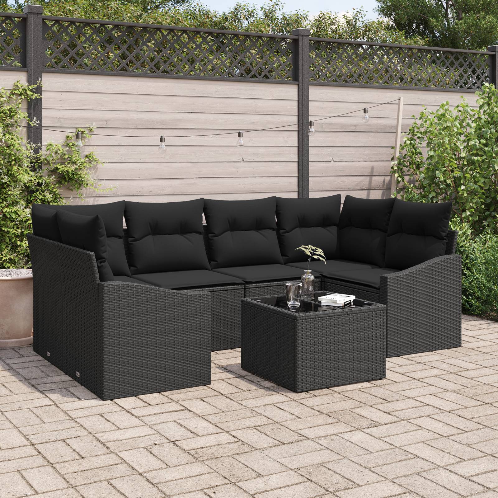 vidaXL 7-tlg. Garten-Sofagarnitur mit Kissen Schwarz Poly Rattan