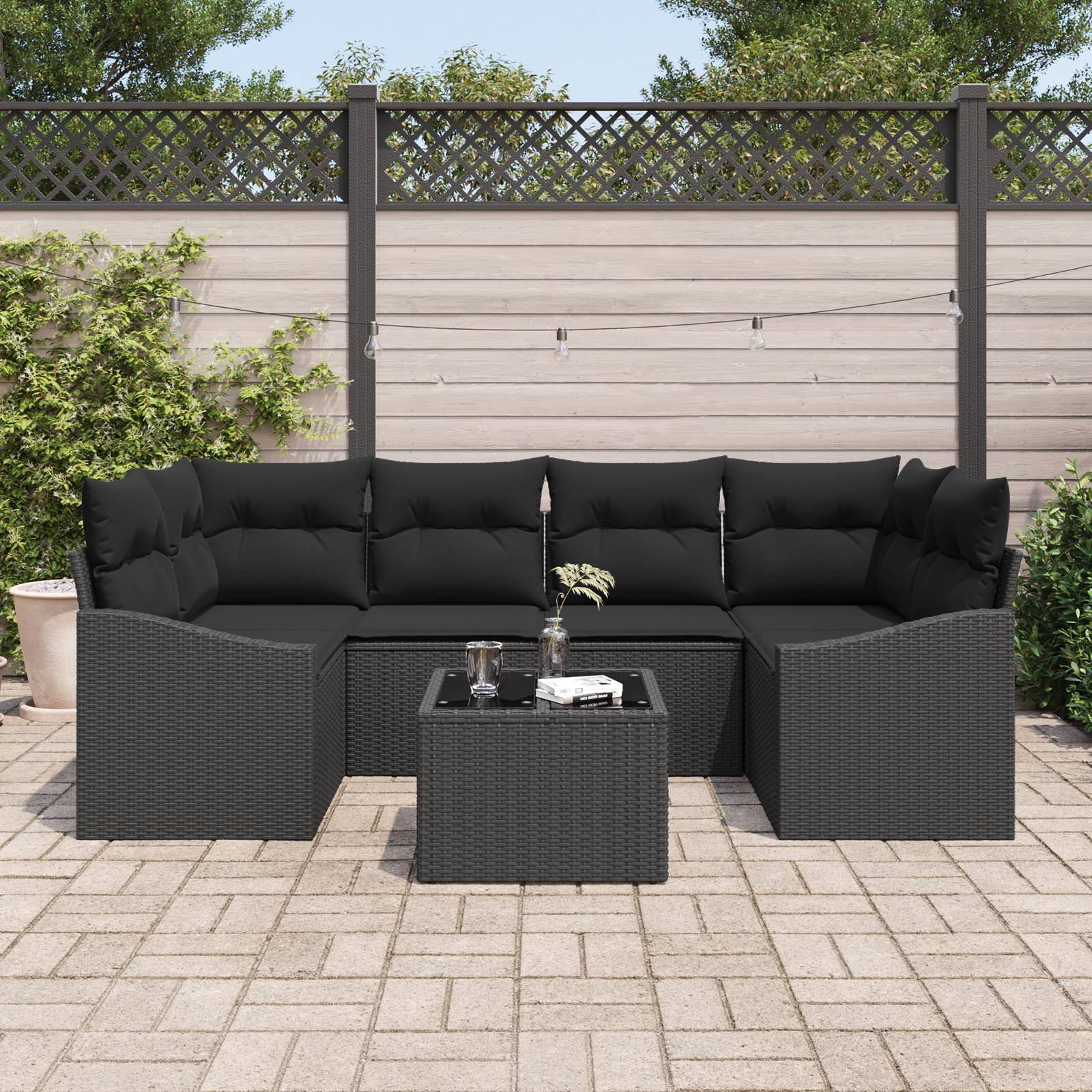 vidaXL 7-tlg. Garten-Sofagarnitur mit Kissen Schwarz Poly Rattan