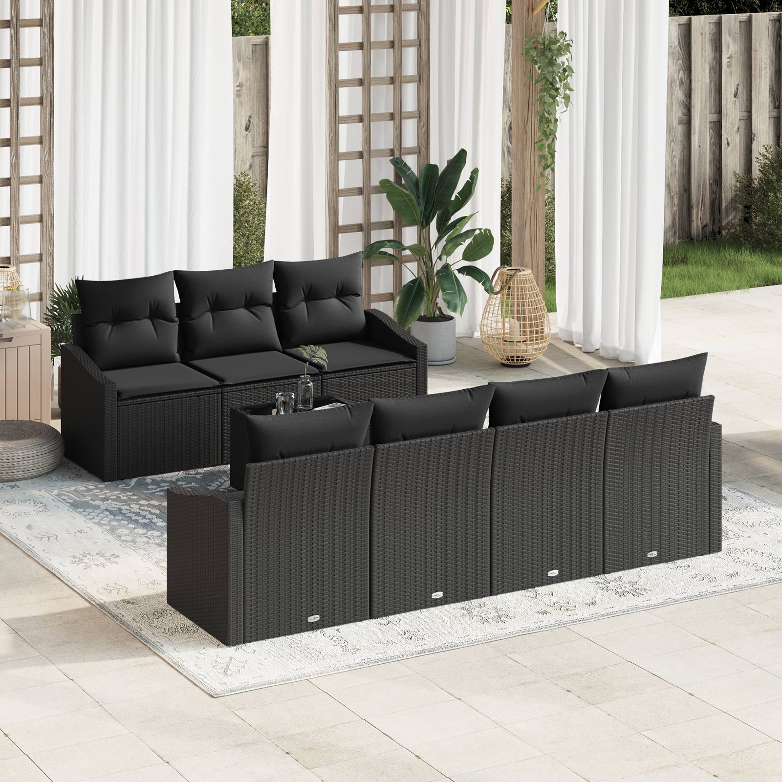 vidaXL 8-tlg. Garten-Sofagarnitur mit Kissen Schwarz Poly Rattan