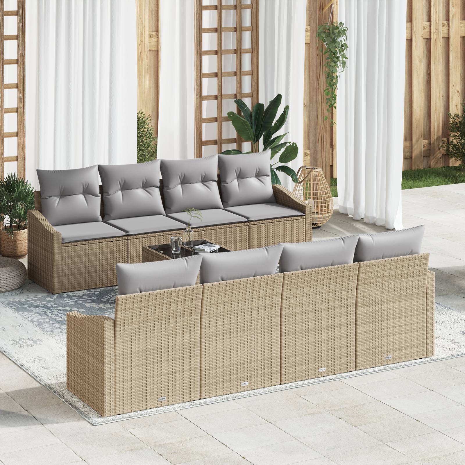vidaXL 9-tlg. Garten-Sofagarnitur mit Kissen Beige Poly Rattan