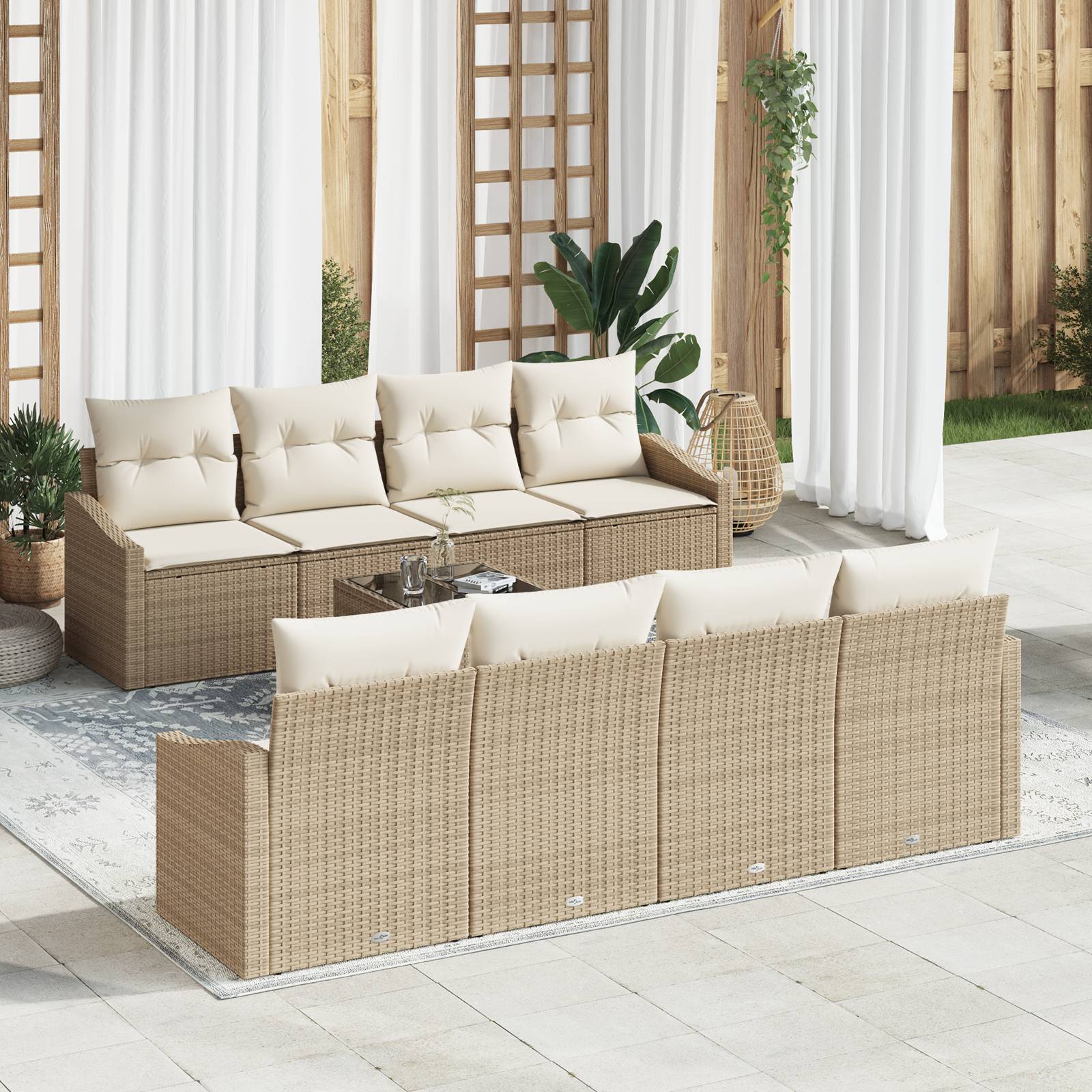 vidaXL 7-tlg. Garten-Sofagarnitur mit Kissen Beige Poly Rattan