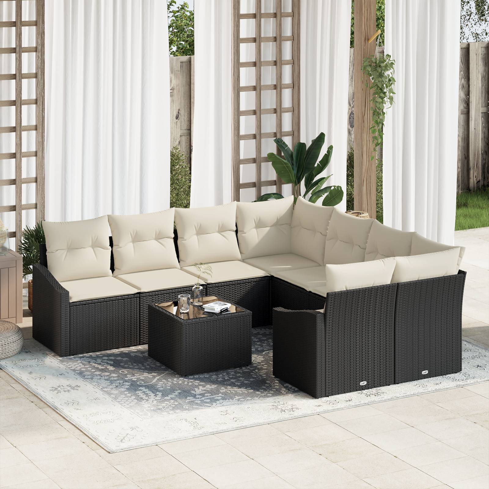 vidaXL 9-tlg. Garten-Sofagarnitur mit Kissen Schwarz Poly Rattan