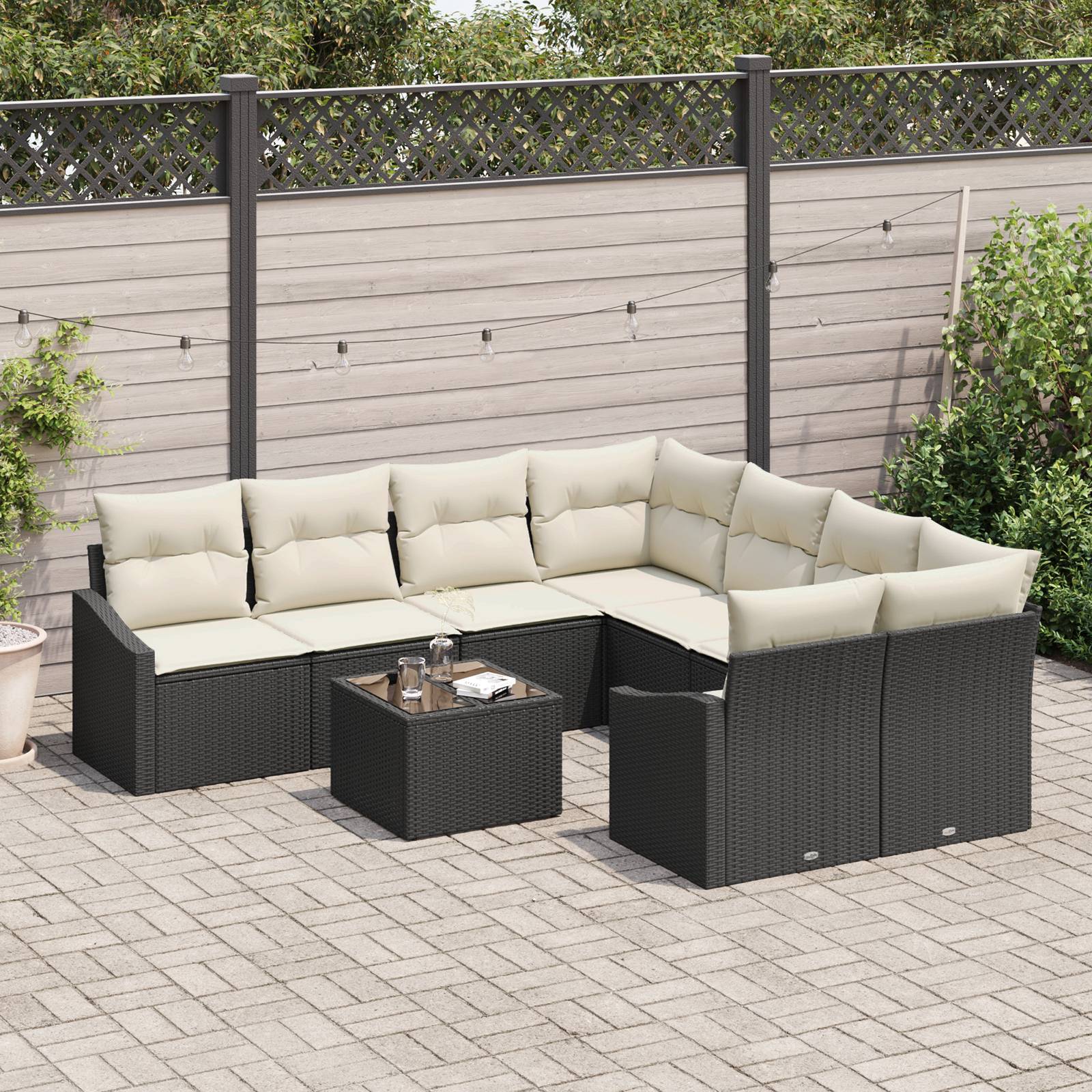 vidaXL 9-tlg. Garten-Sofagarnitur mit Kissen Schwarz Poly Rattan