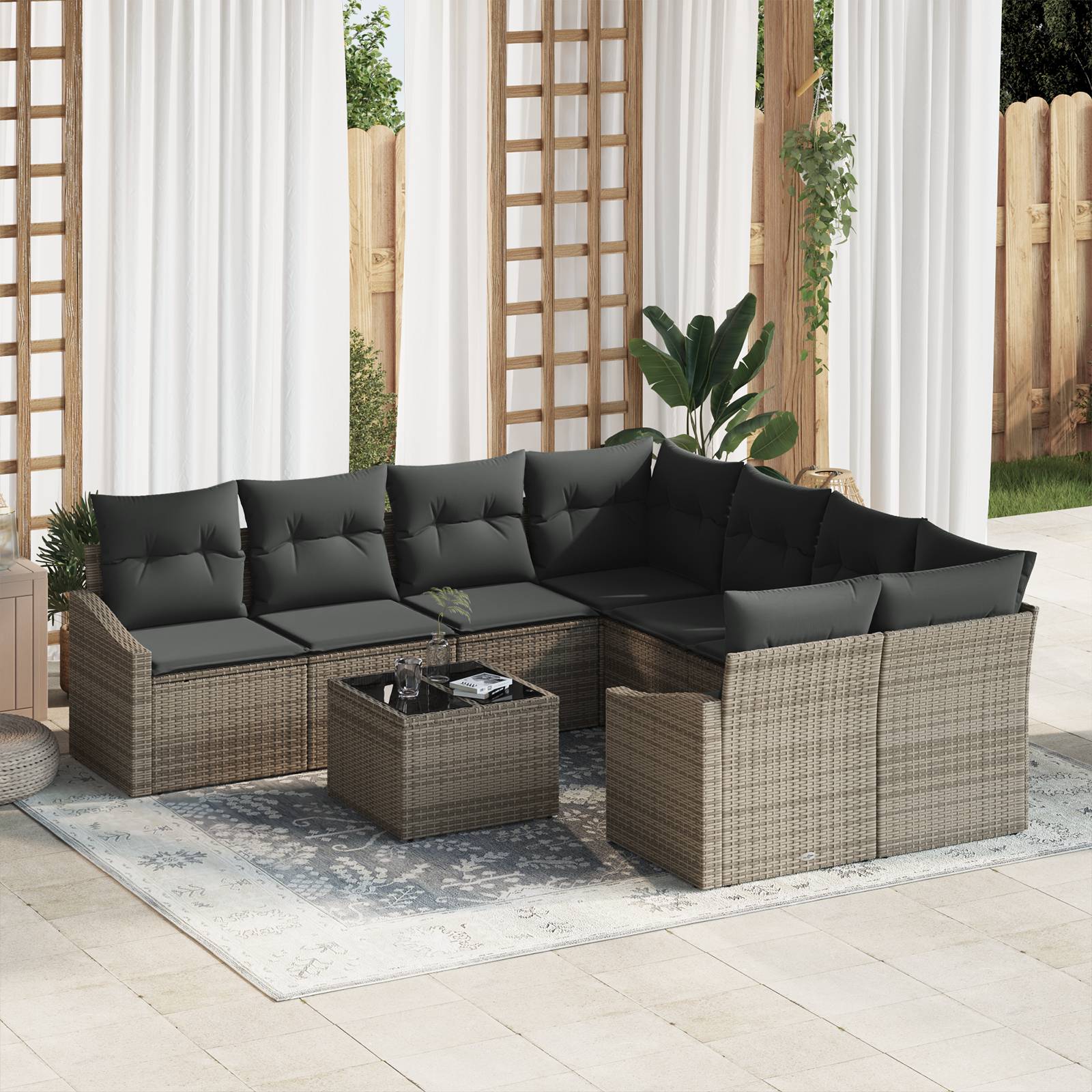 vidaXL 9-tlg. Garten-Sofagarnitur mit Kissen Grau Poly Rattan