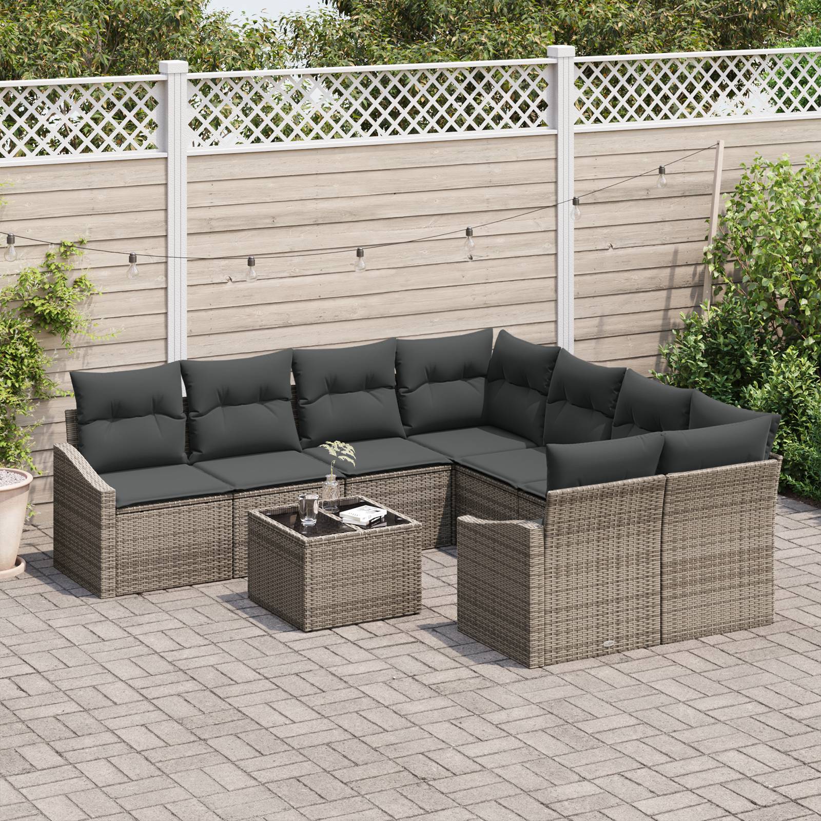 vidaXL 9-tlg. Garten-Sofagarnitur mit Kissen Grau Poly Rattan