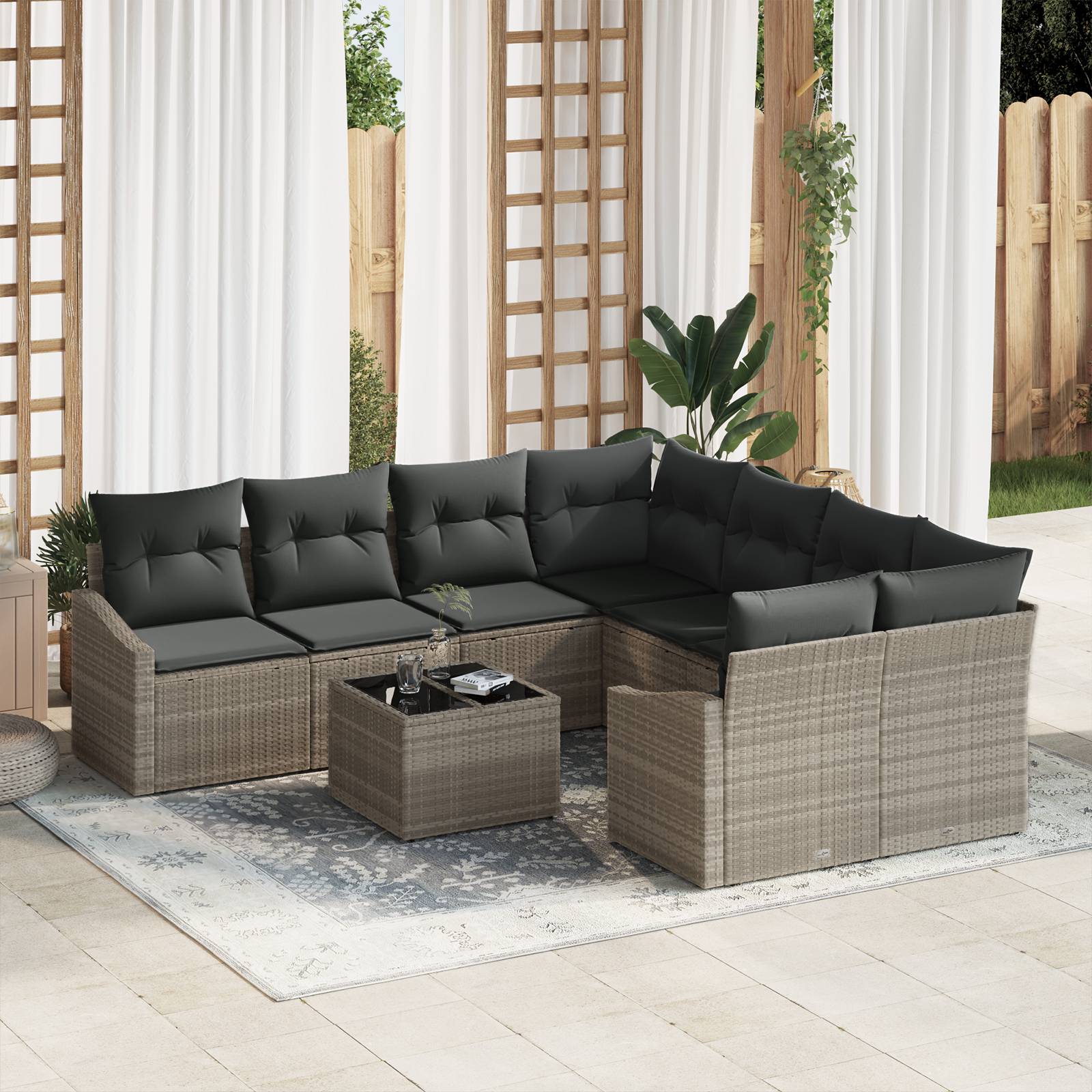 vidaXL 9-tlg. Garten-Essgruppe mit Kissen Hellgrau Poly Rattan
