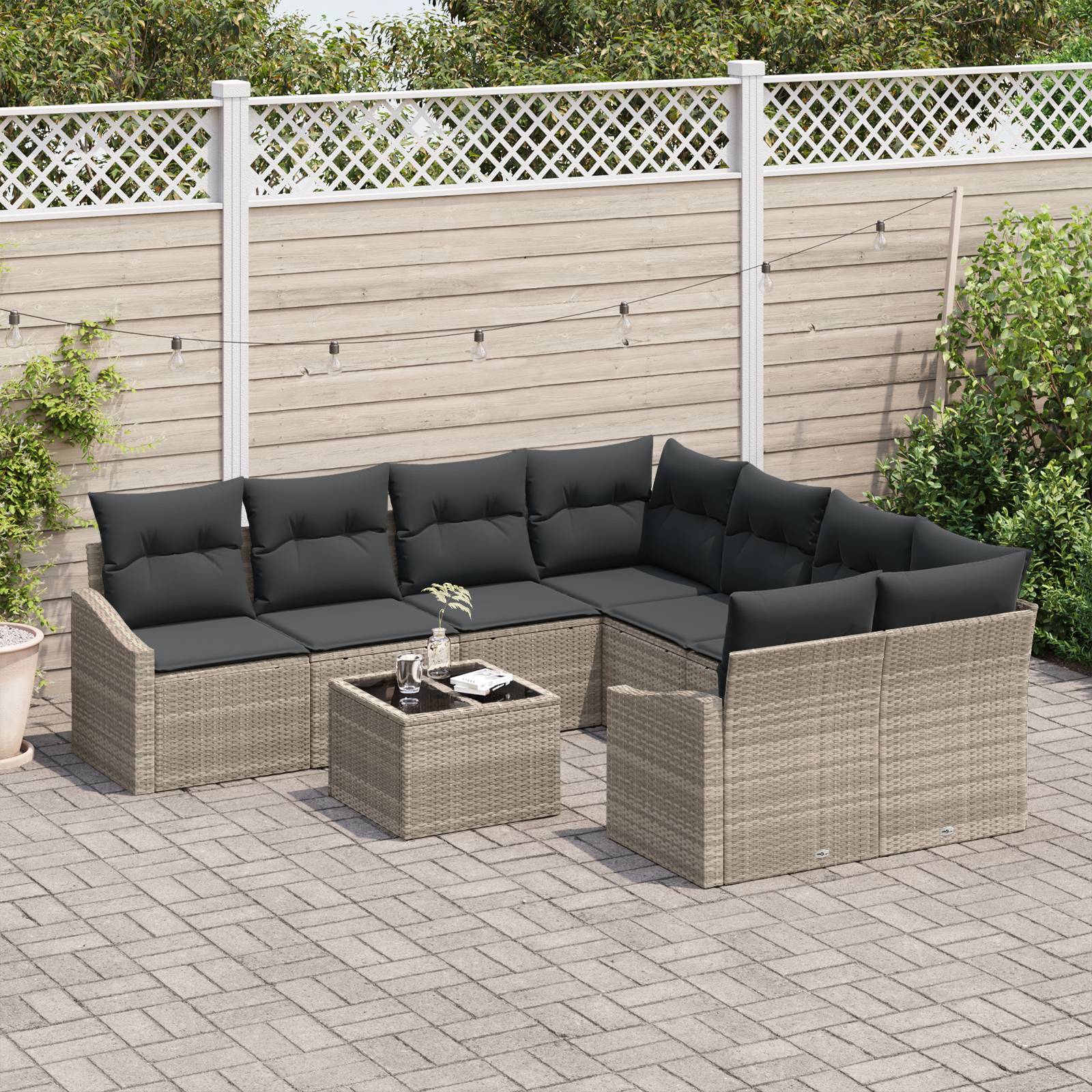 vidaXL 9-tlg. Garten-Essgruppe mit Kissen Hellgrau Poly Rattan