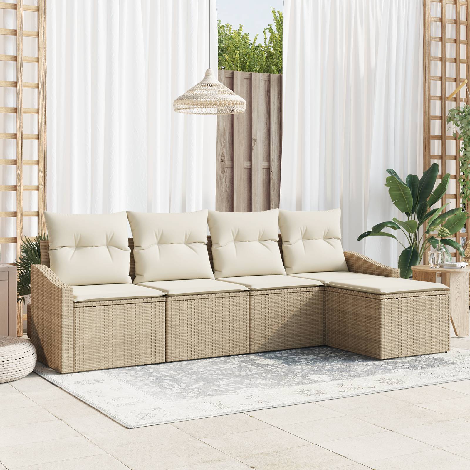 vidaXL 5-tlg. Garten-Sofagarnitur mit Kissen Beige Poly Rattan