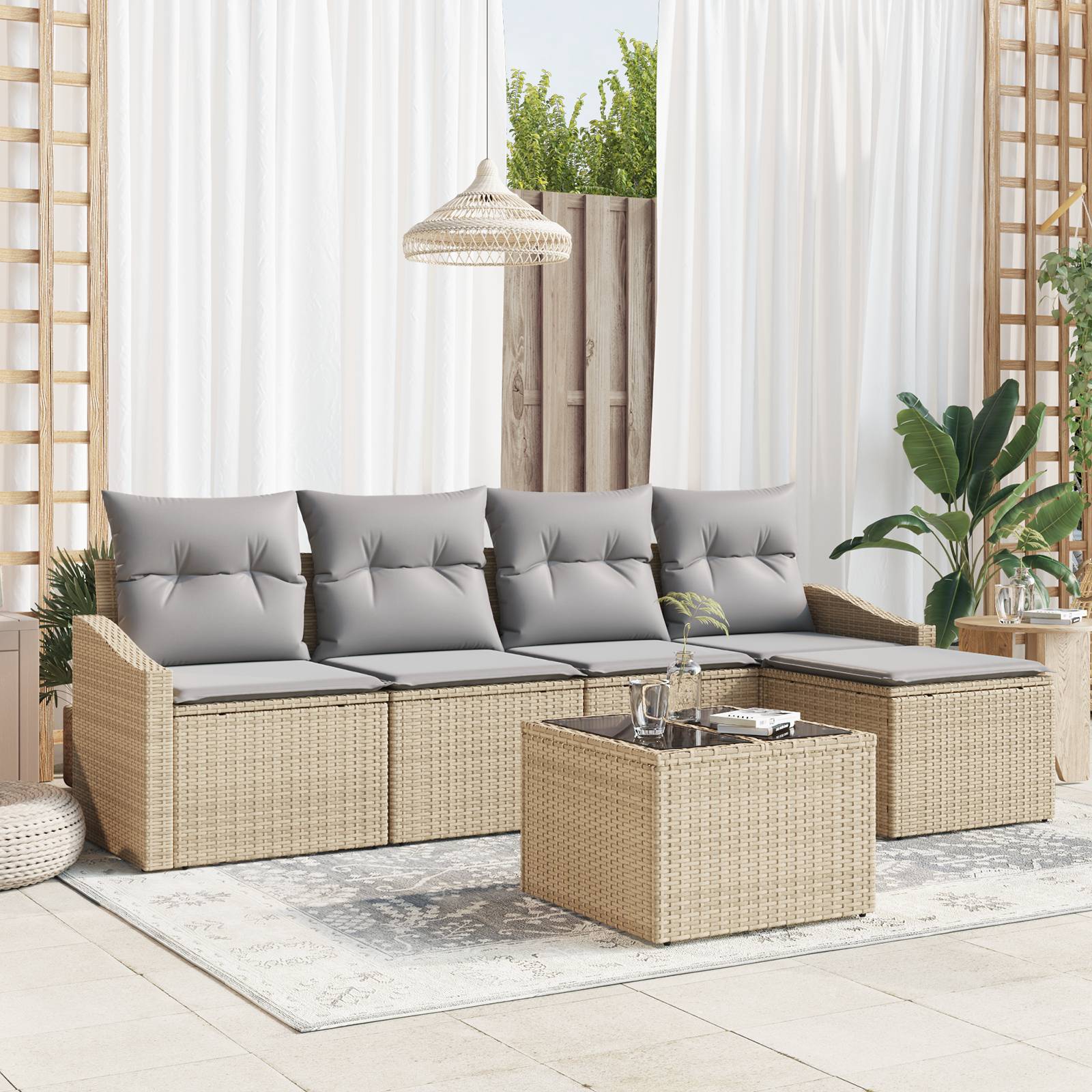 vidaXL 6-tlg. Garten-Essgruppe mit Kissen Schwarz Poly Rattan