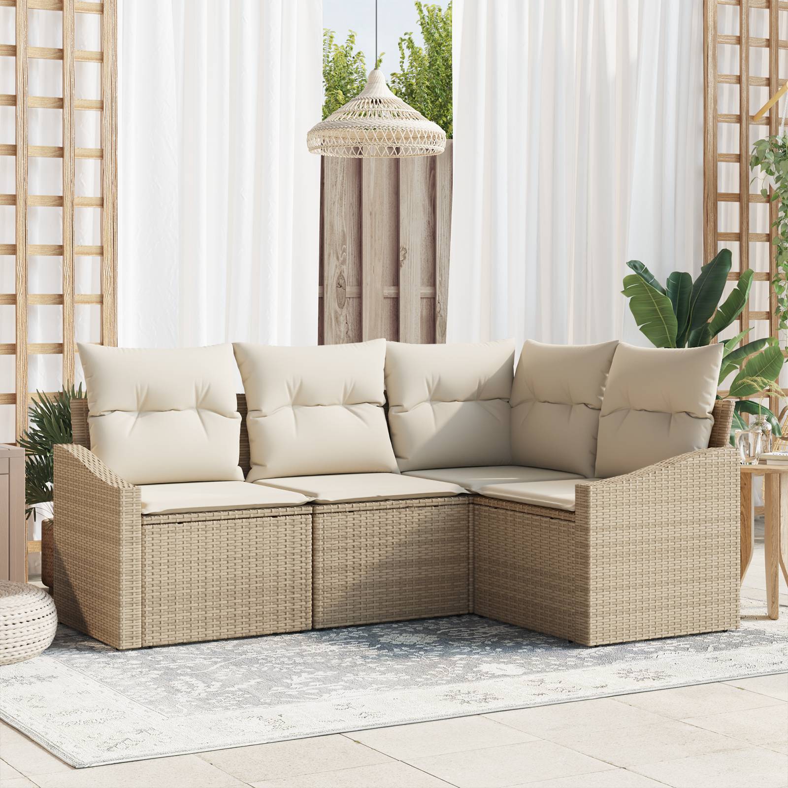 vidaXL 4-tlg. Garten-Sofagarnitur mit Kissen Beige Poly Rattan