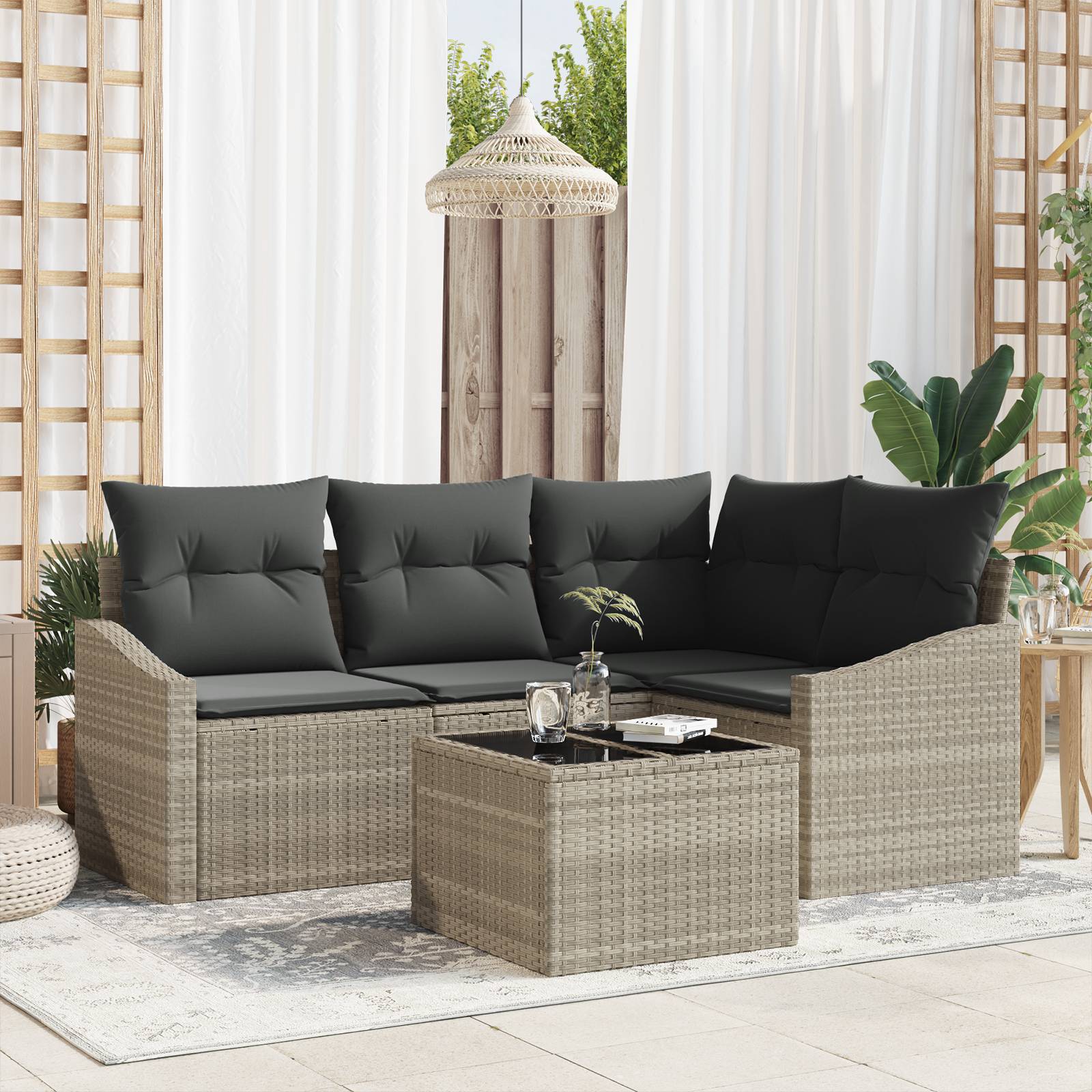 vidaXL 5-teiliges Garten Sofaset mit Kissen Grau Poly Rattan