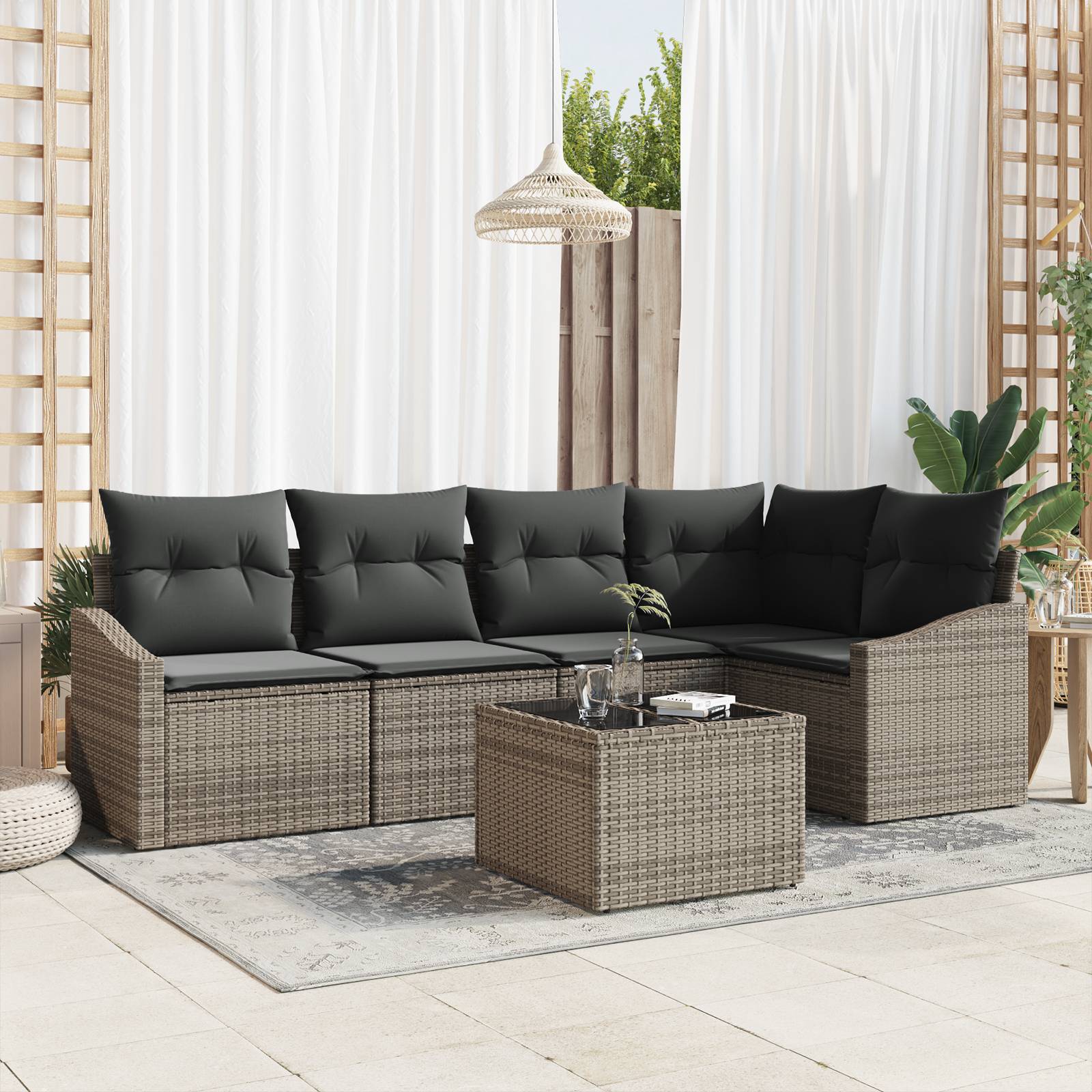 vidaXL 5-tlg. Garten-Sofagarnitur mit Kissen Schwarz Poly Rattan