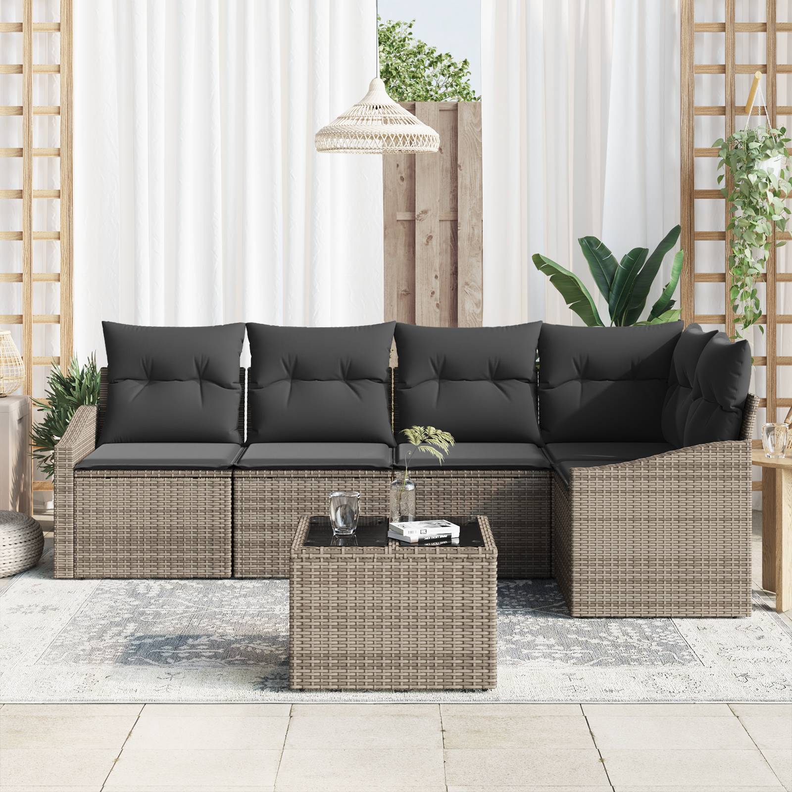 vidaXL 5-tlg. Garten-Sofagarnitur mit Kissen Schwarz Poly Rattan