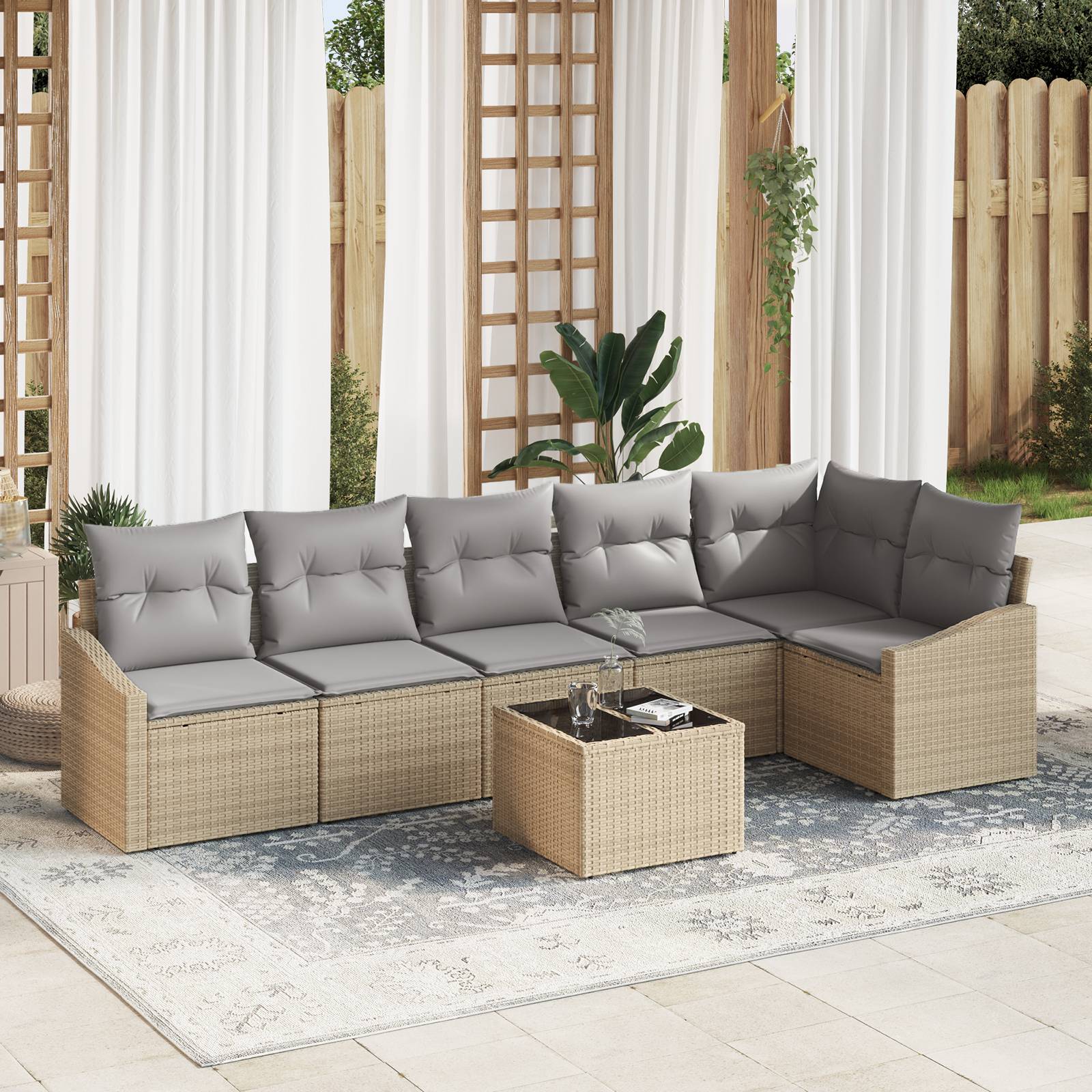 vidaXL 7-tlg. Garten-Sofagarnitur mit Kissen Schwarz Poly Rattan