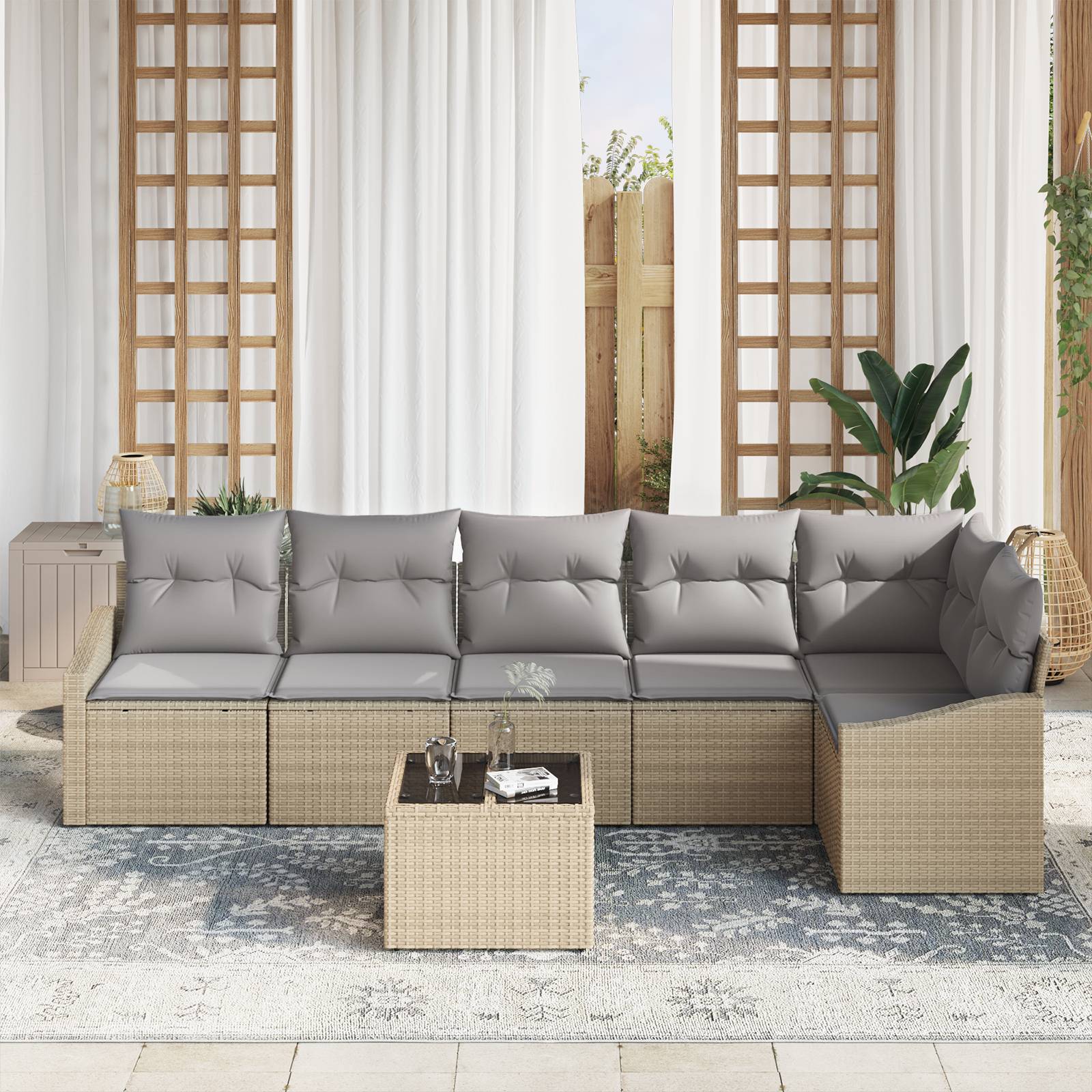 vidaXL 7-tlg. Garten-Sofagarnitur mit Kissen Schwarz Poly Rattan