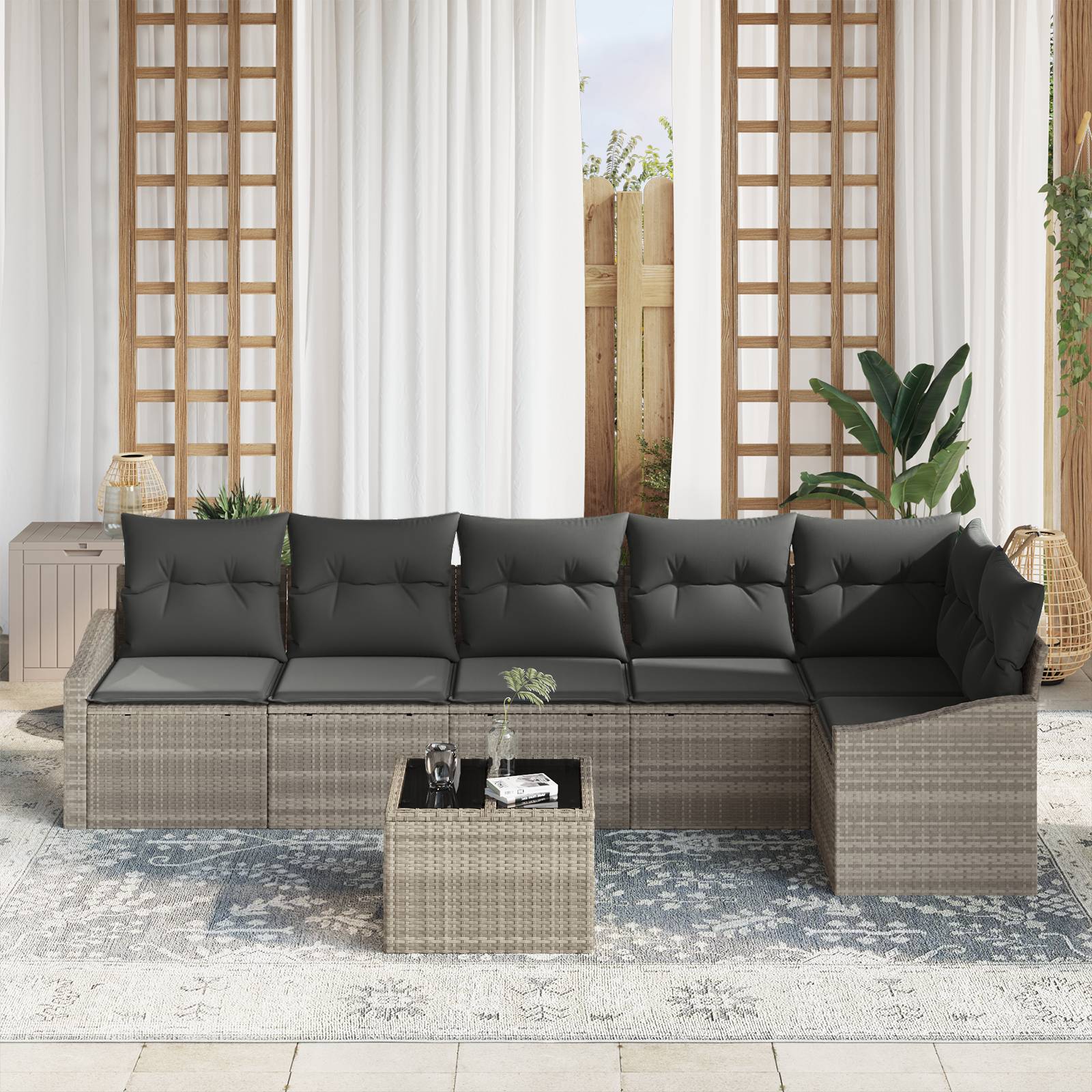 vidaXL 7-teiliges Garten-Sofa-Set mit Kissen Grau Poly Rattan