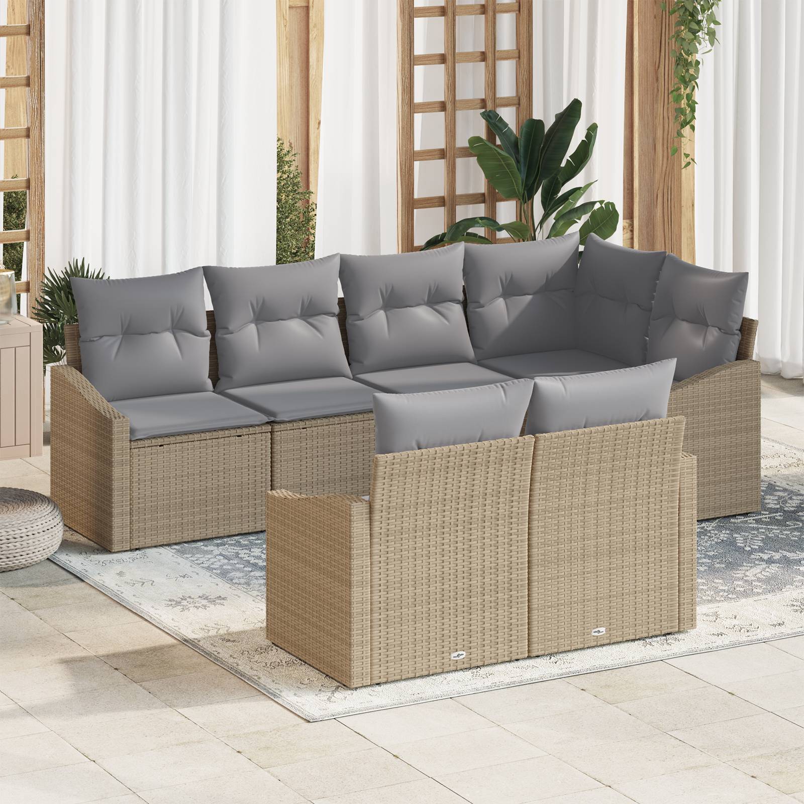 vidaXL 7-tlg. Garten-Sofagarnitur mit Kissen Beige Poly Rattan