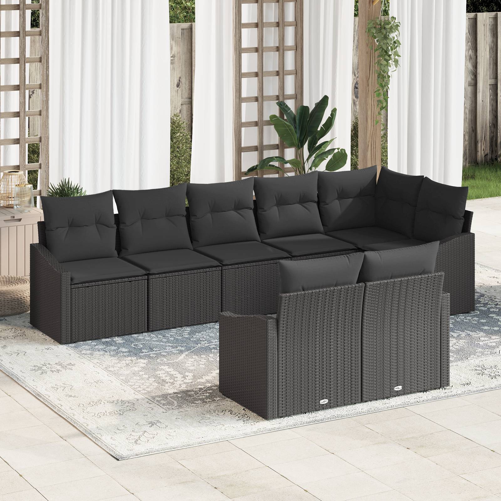 vidaXL 8-tlg. Garten-Essgruppe mit Kissen Schwarz Poly Rattan