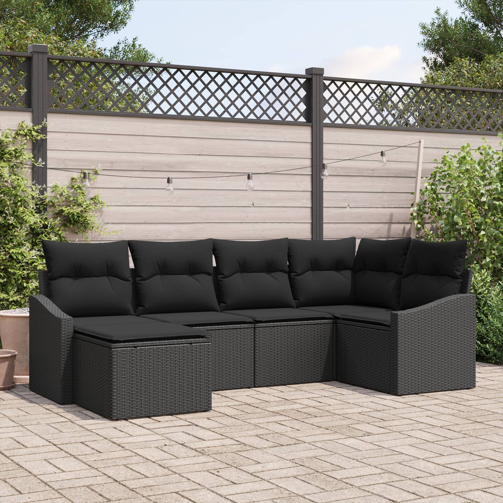 vidaXL 6-teilige Garten Essgruppe mit Polstern in Schwarz aus Poly Rattan