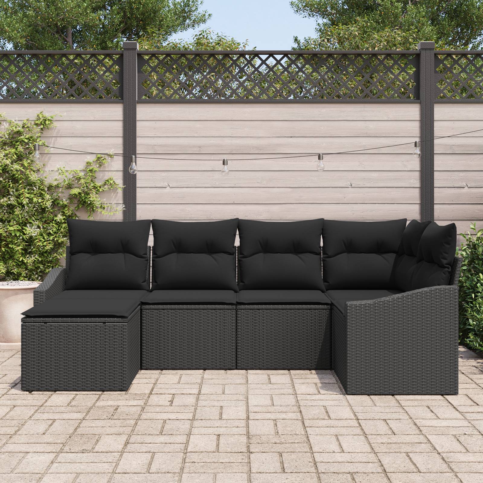 vidaXL 6-teilige Garten Essgruppe mit Polstern in Schwarz aus Poly Rattan