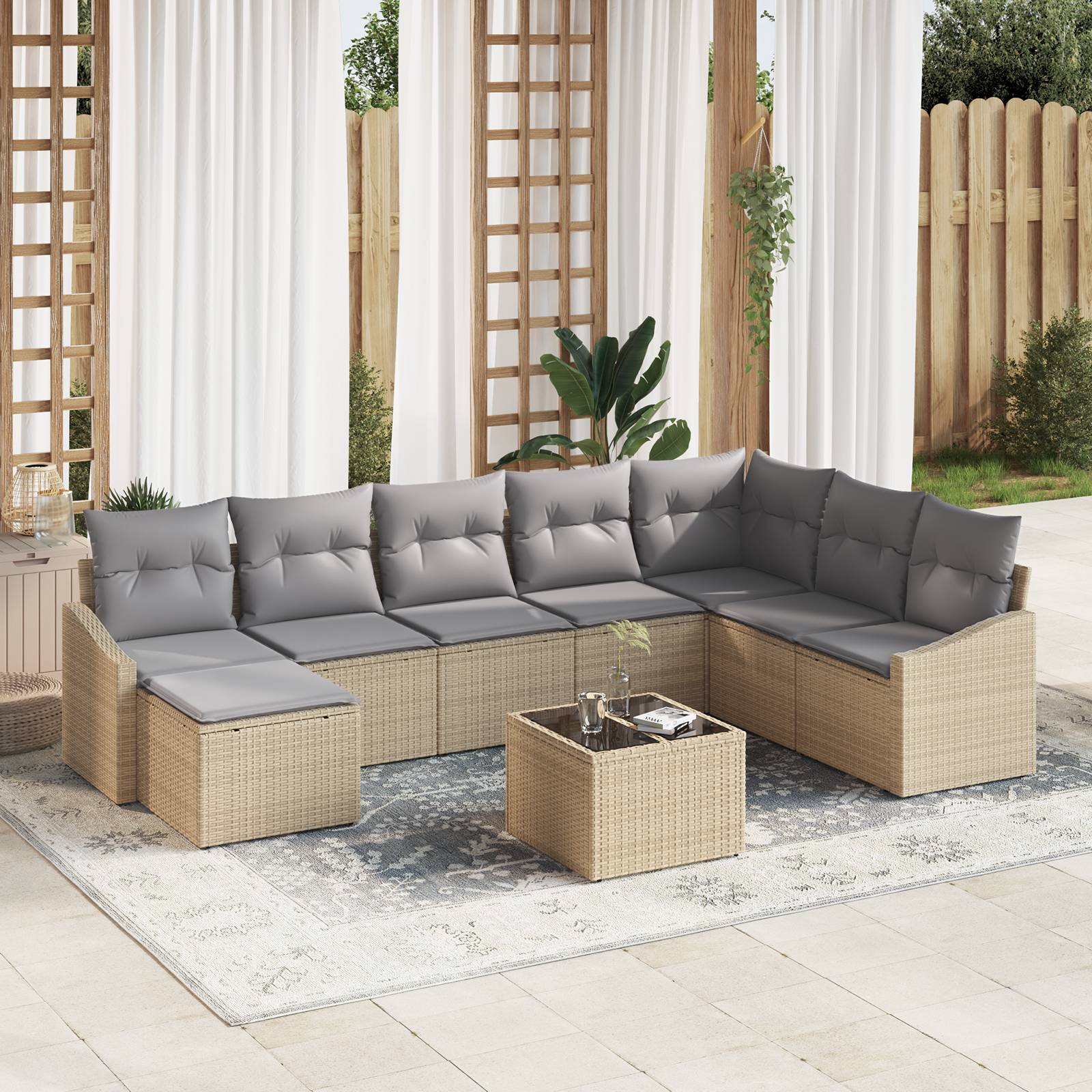 vidaXL 9-teiliges Garten Essgruppe mit Kissen Schwarz Poly Rattan