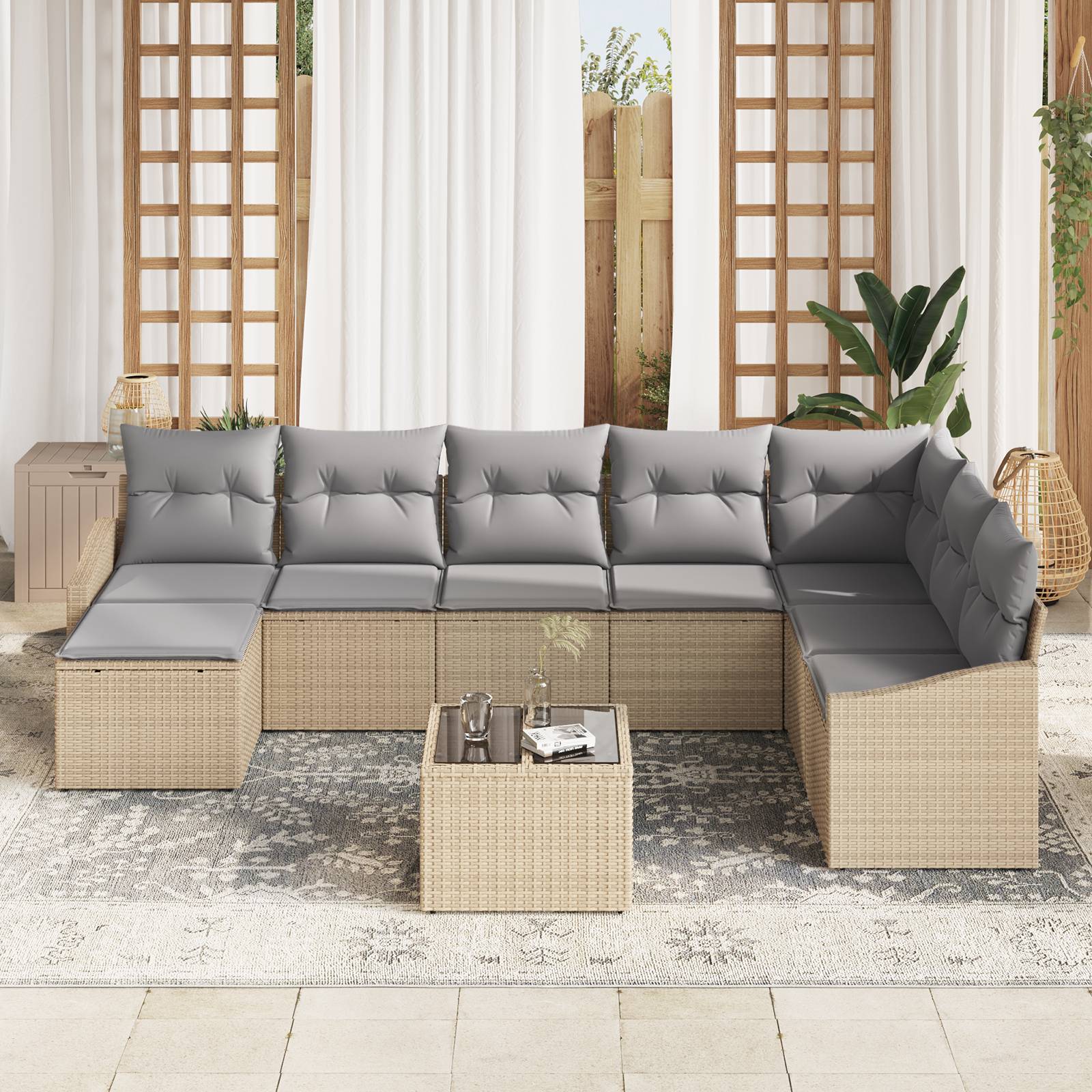 vidaXL 9-teiliges Garten Essgruppe mit Kissen Schwarz Poly Rattan
