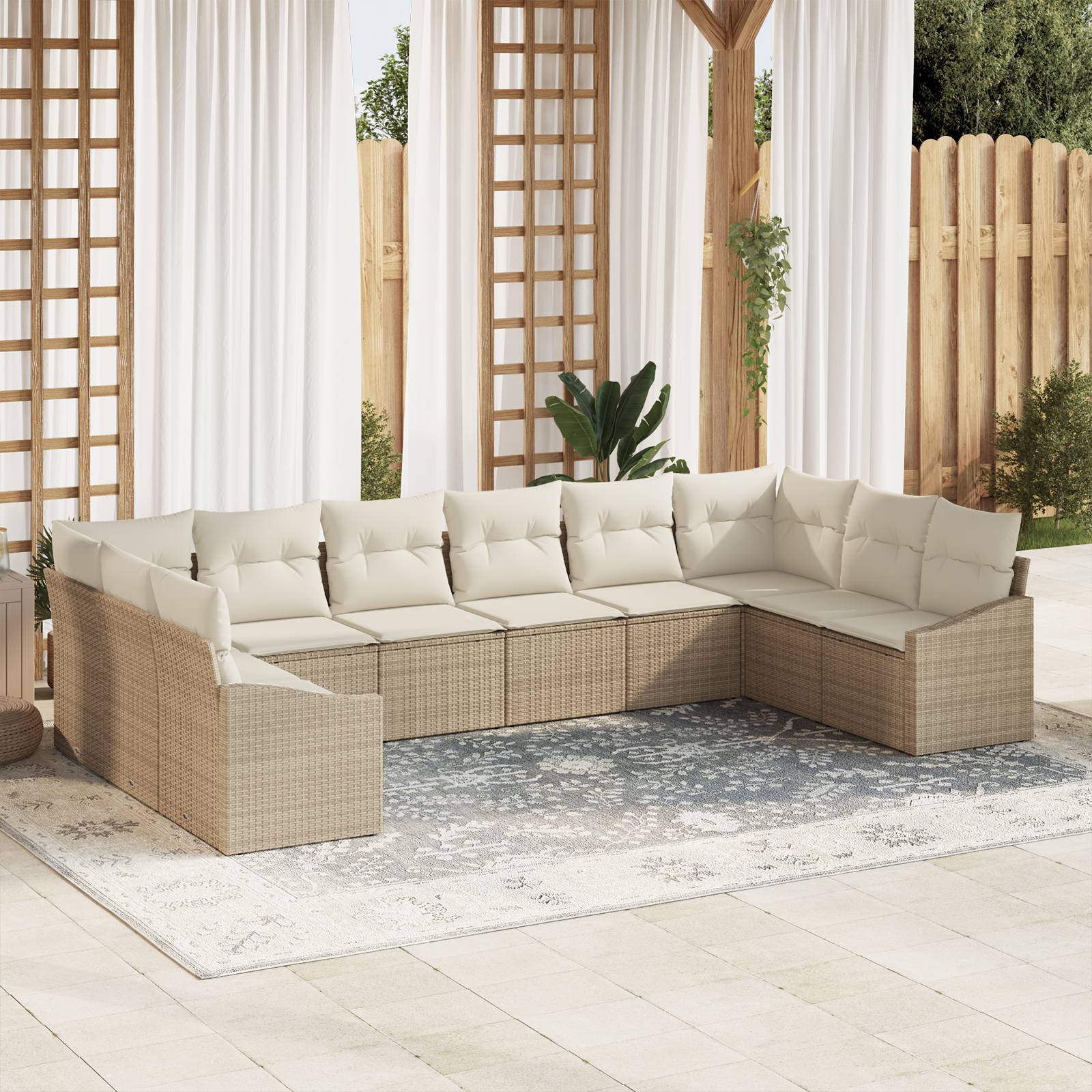 vidaXL 10-tlg. Garten-Essgruppe mit Kissen Beige Poly Rattan