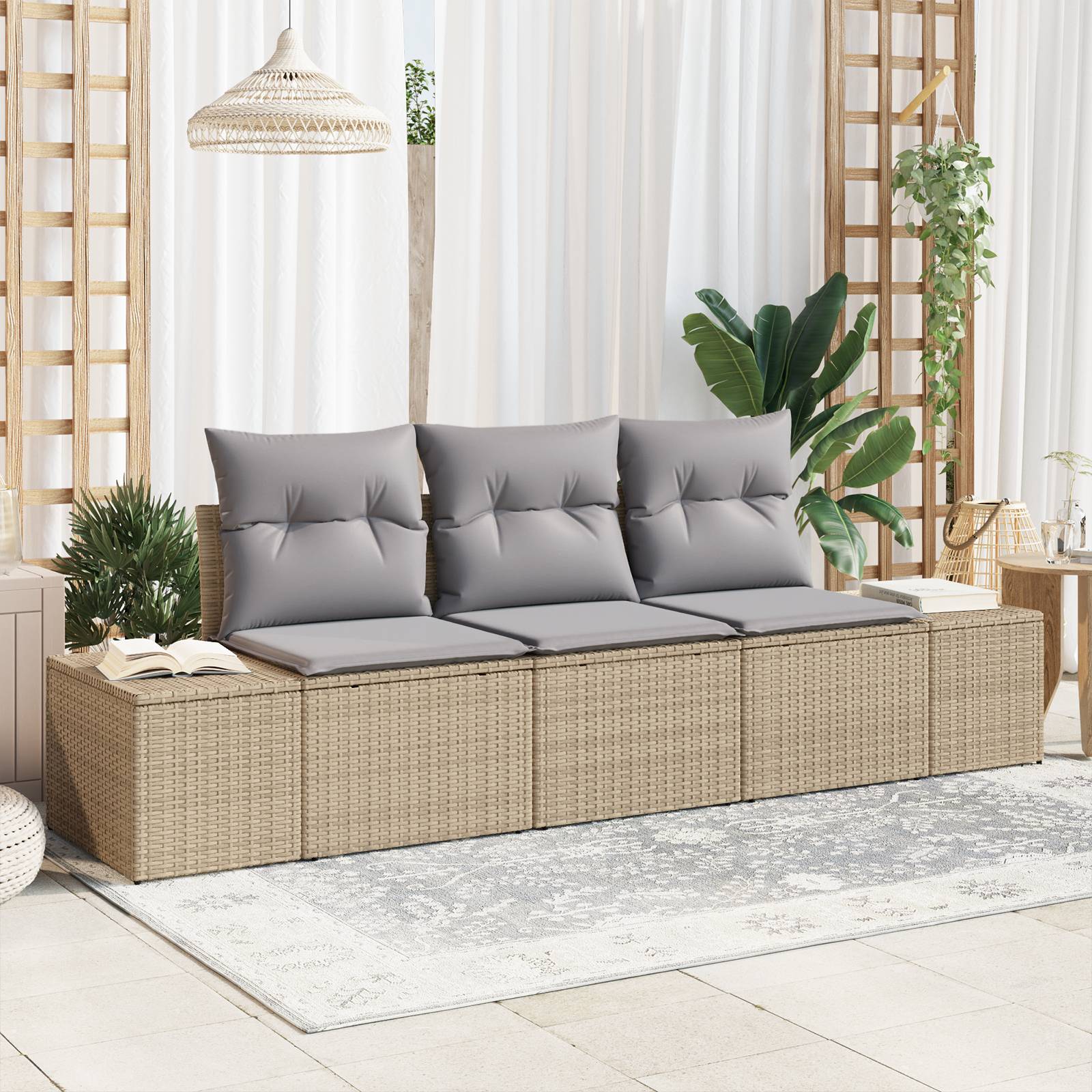vidaXL 3-tlg. Garten-Sofagarnitur mit Kissen Beige Poly Rattan