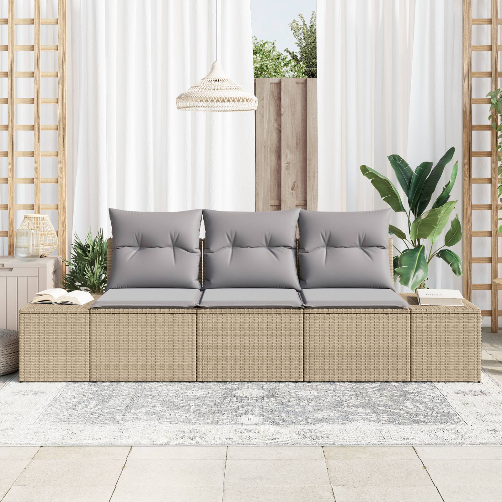 vidaXL 3-tlg. Garten-Sofagarnitur mit Kissen Beige Poly Rattan