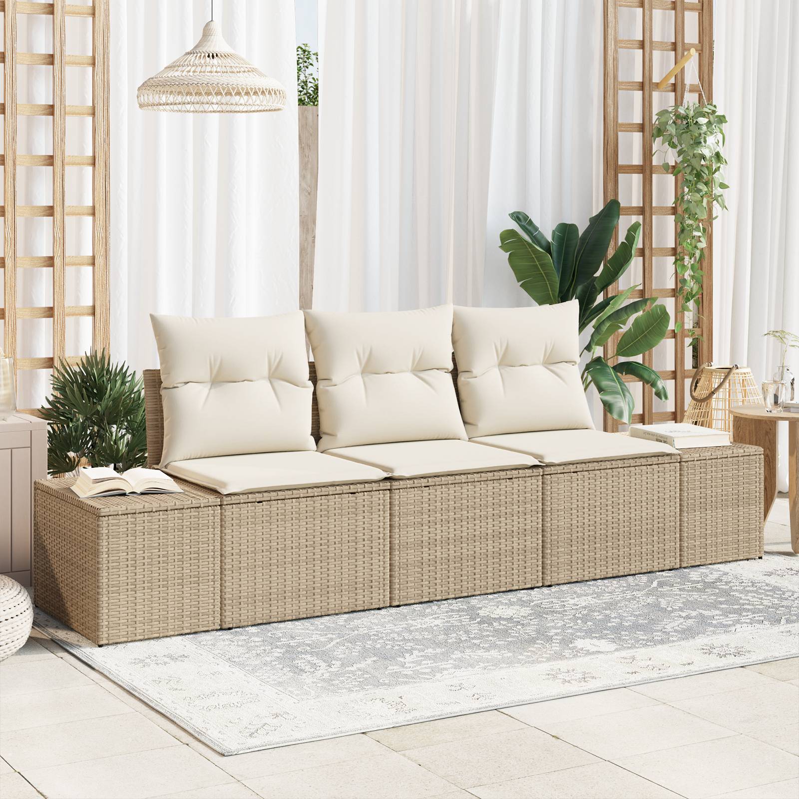 vidaXL 3-teiliges Garten-Sofa-Set mit Kissen Beige Poly Rattan
