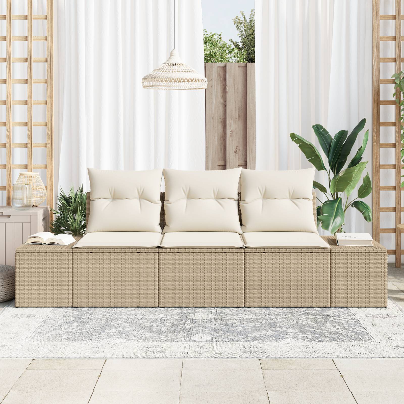 vidaXL 3-teiliges Garten-Sofa-Set mit Kissen Beige Poly Rattan