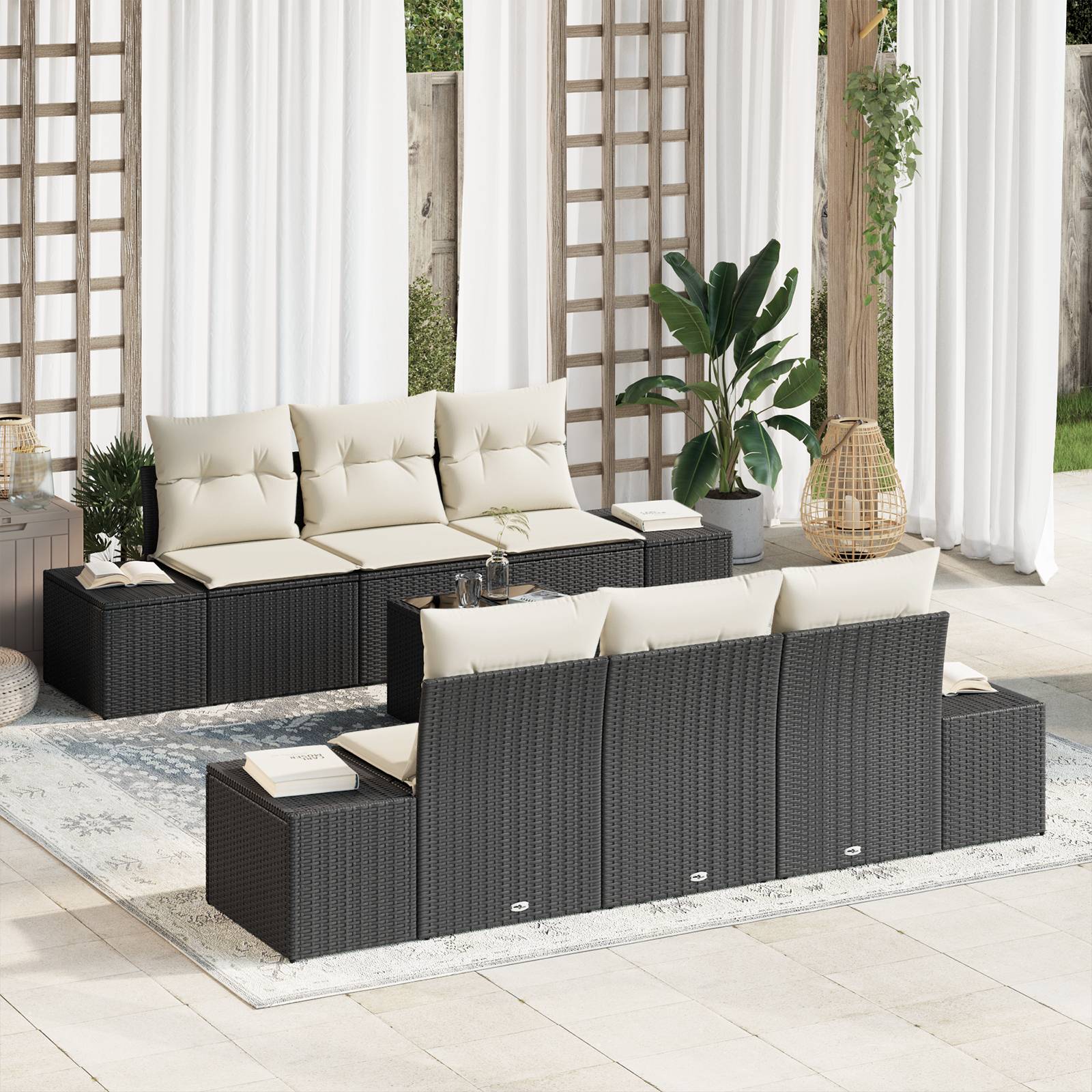 vidaXL 7-teilige Garten-Sofaset mit Kissen Schwarz Poly-Rattan