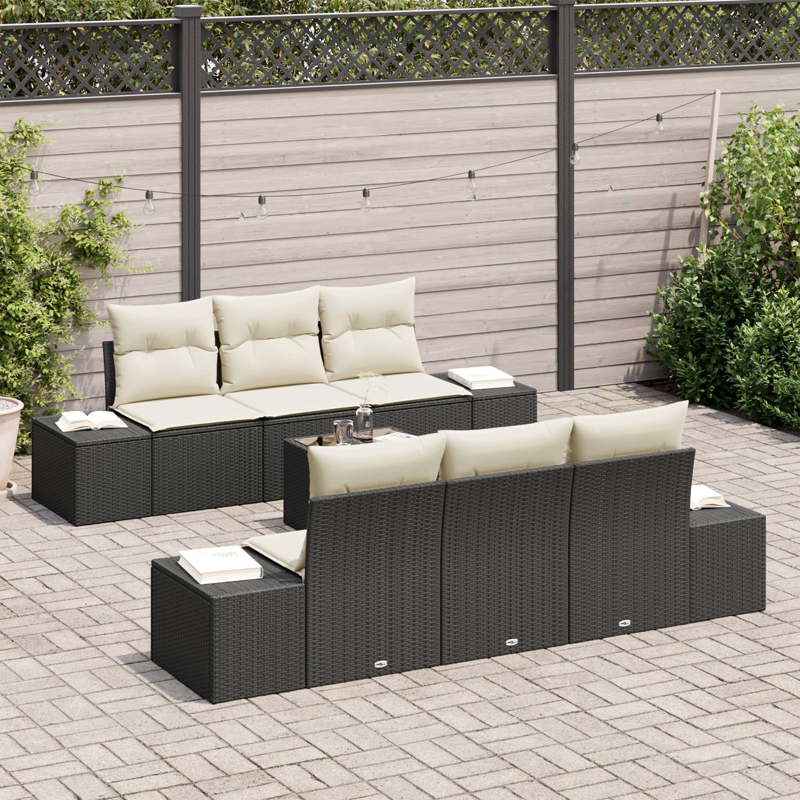 vidaXL 7-teilige Garten-Sofaset mit Kissen Schwarz Poly-Rattan