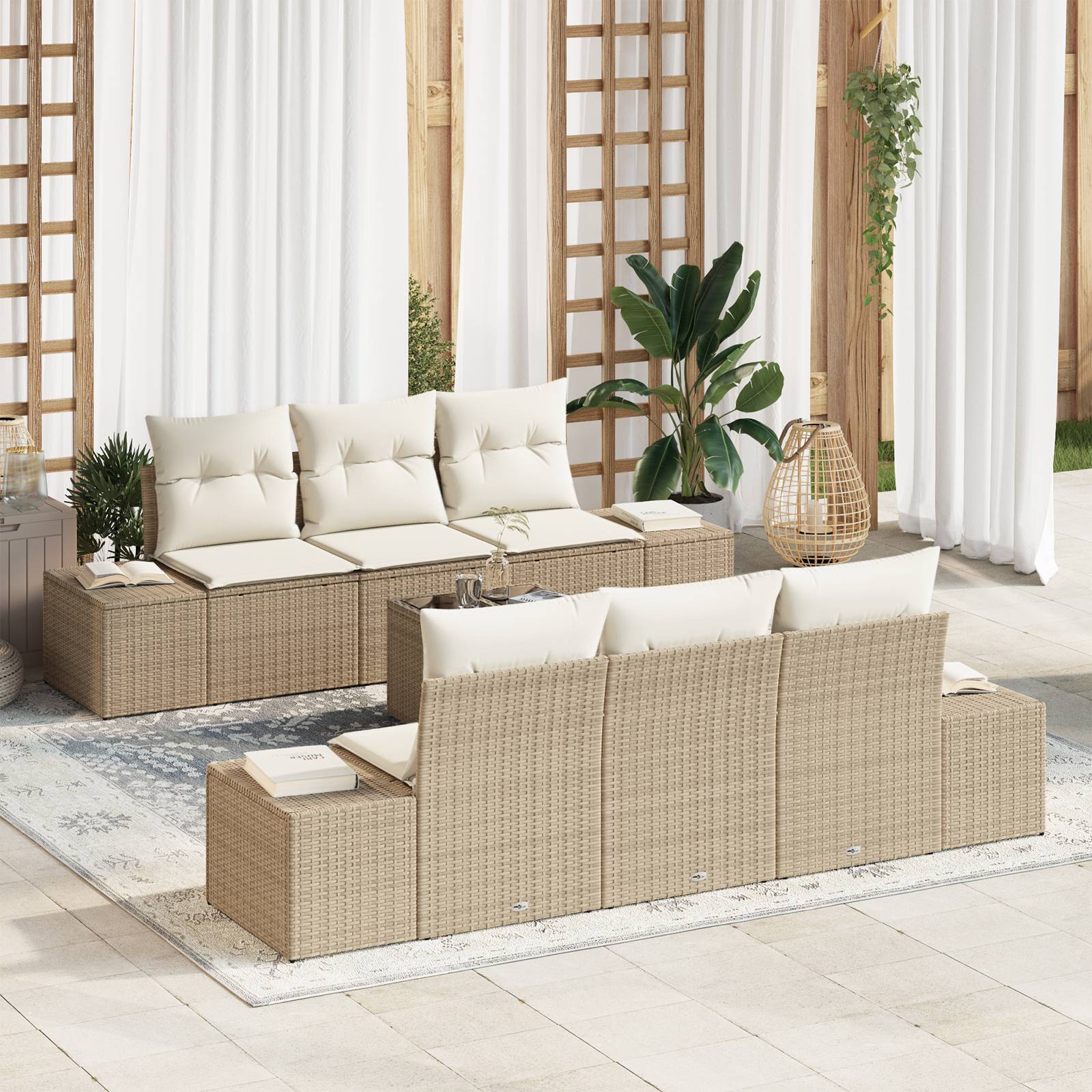 vidaXL 7-teiliges Garten Sofa Set mit Kissen Beige Poly Rattan