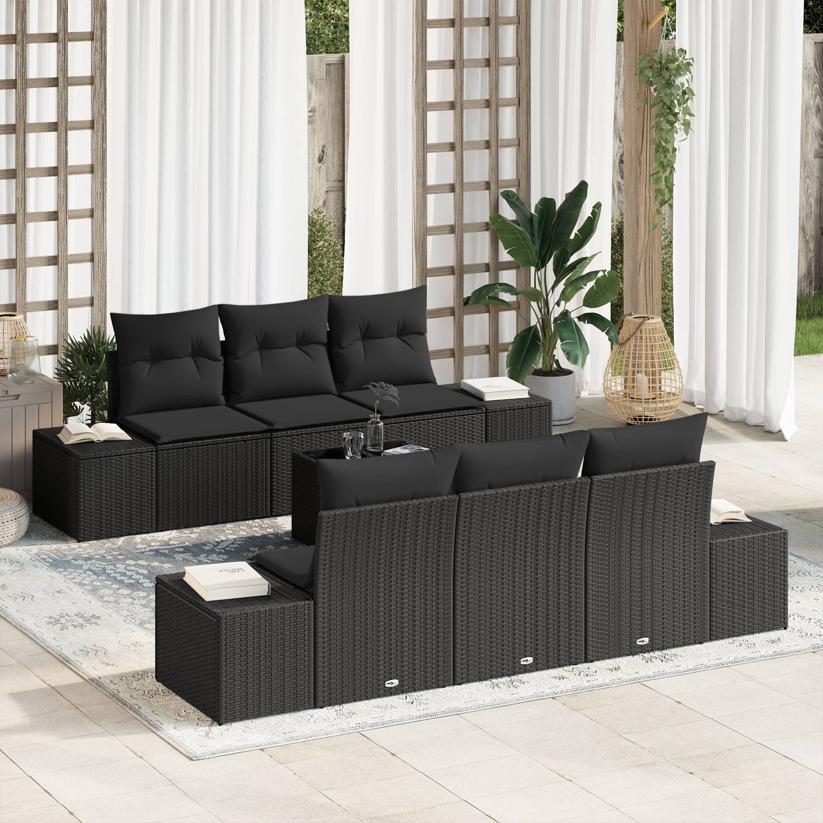 vidaXL 7-teiliges Gartensofa-Set mit Kissen Schwarz Poly Rattan