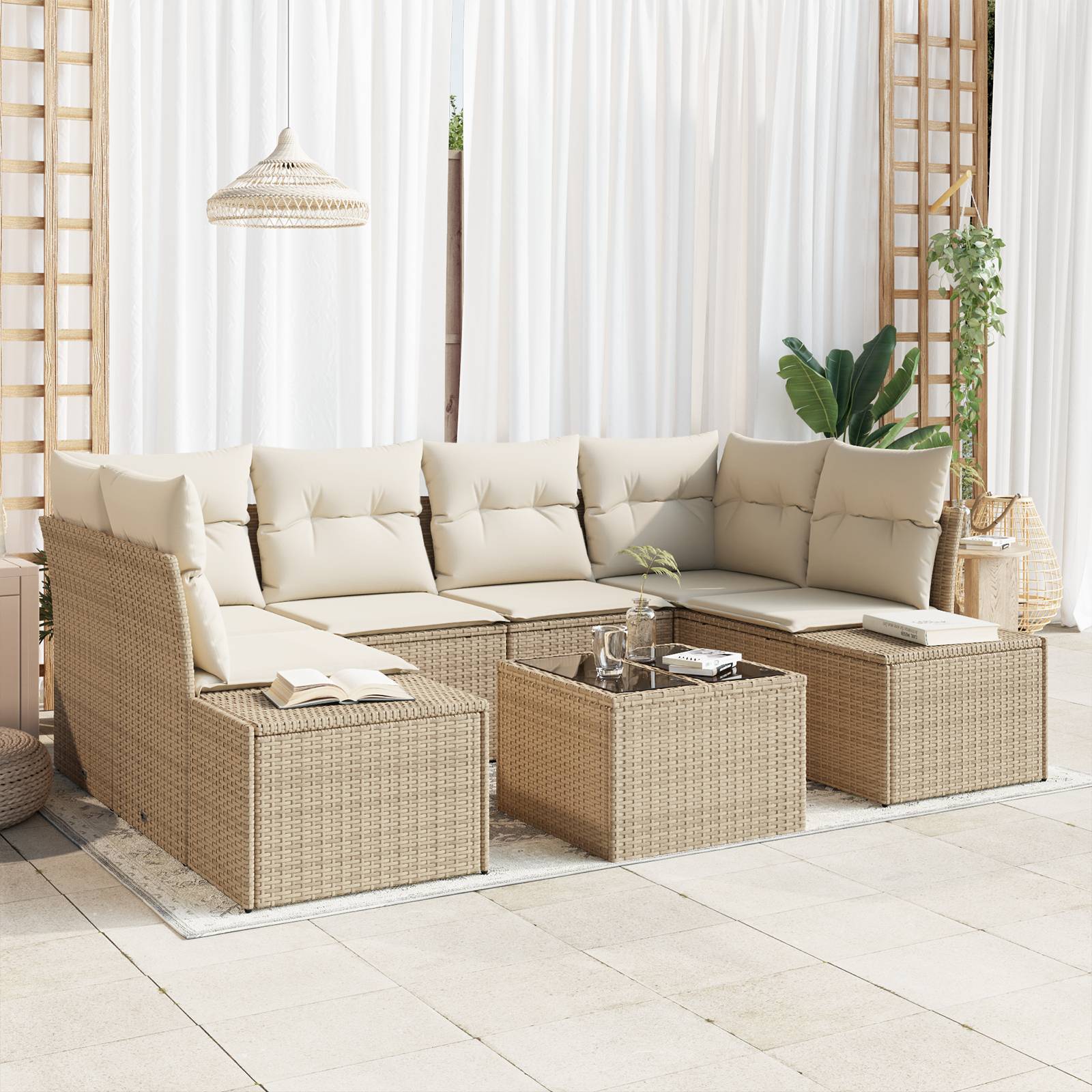 vidaXL 7-tlg. Garten-Sofagarnitur mit Kissen Beige Poly Rattan