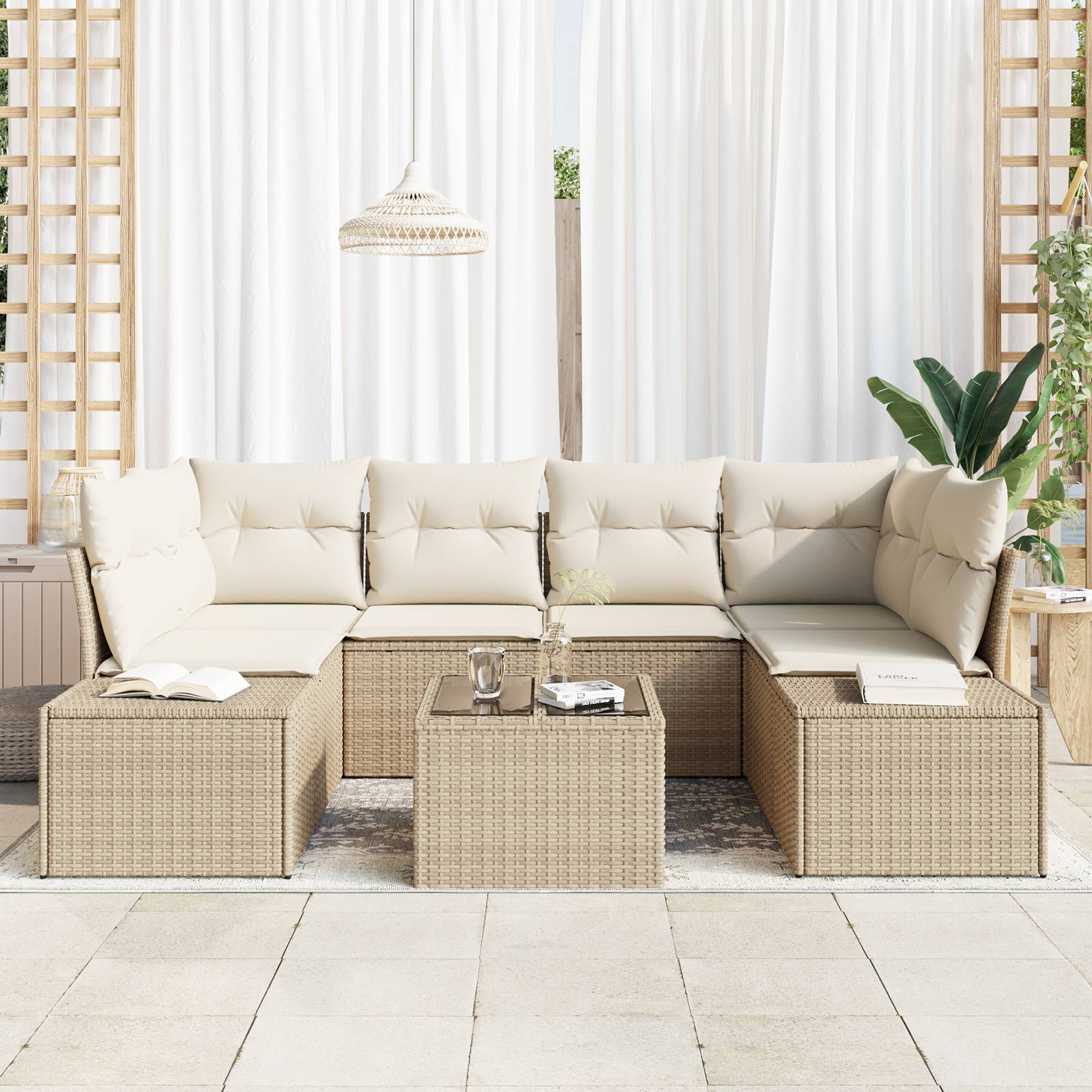 vidaXL 7-tlg. Garten-Sofagarnitur mit Kissen Beige Poly Rattan
