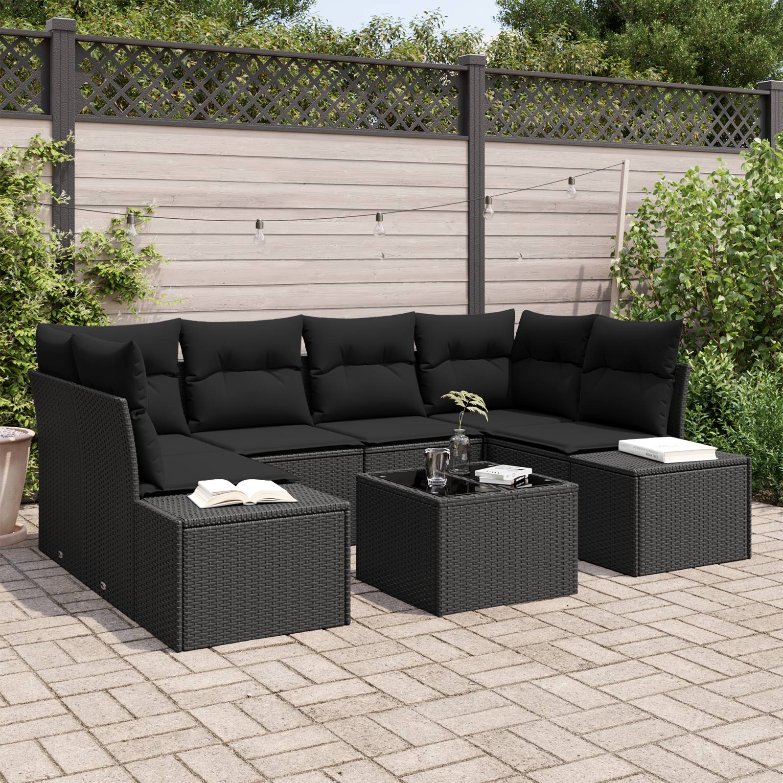 vidaXL 7-tlg. Garten-Sofagarnitur mit Kissen Schwarz Poly Rattan