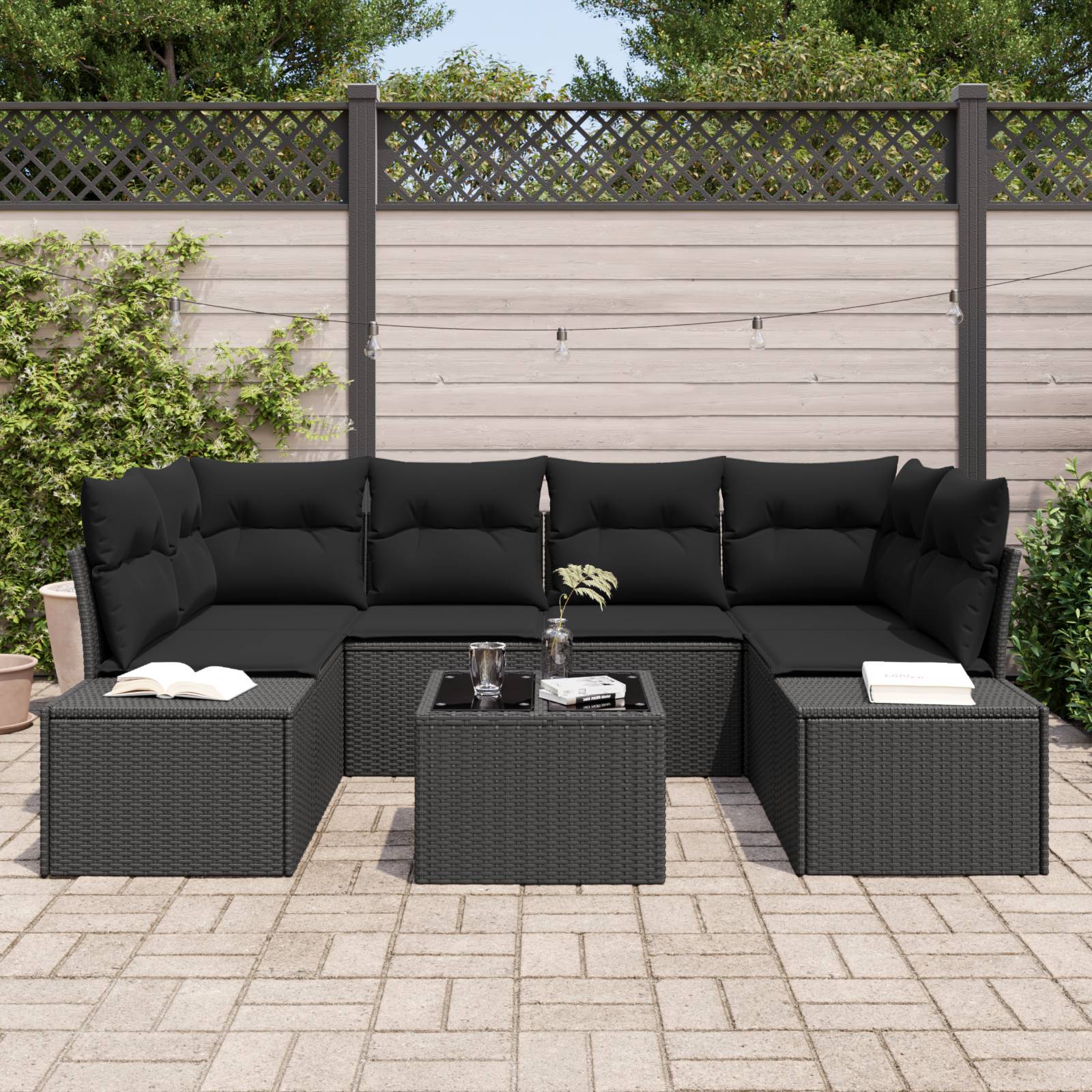 vidaXL 7-tlg. Garten-Sofagarnitur mit Kissen Schwarz Poly Rattan